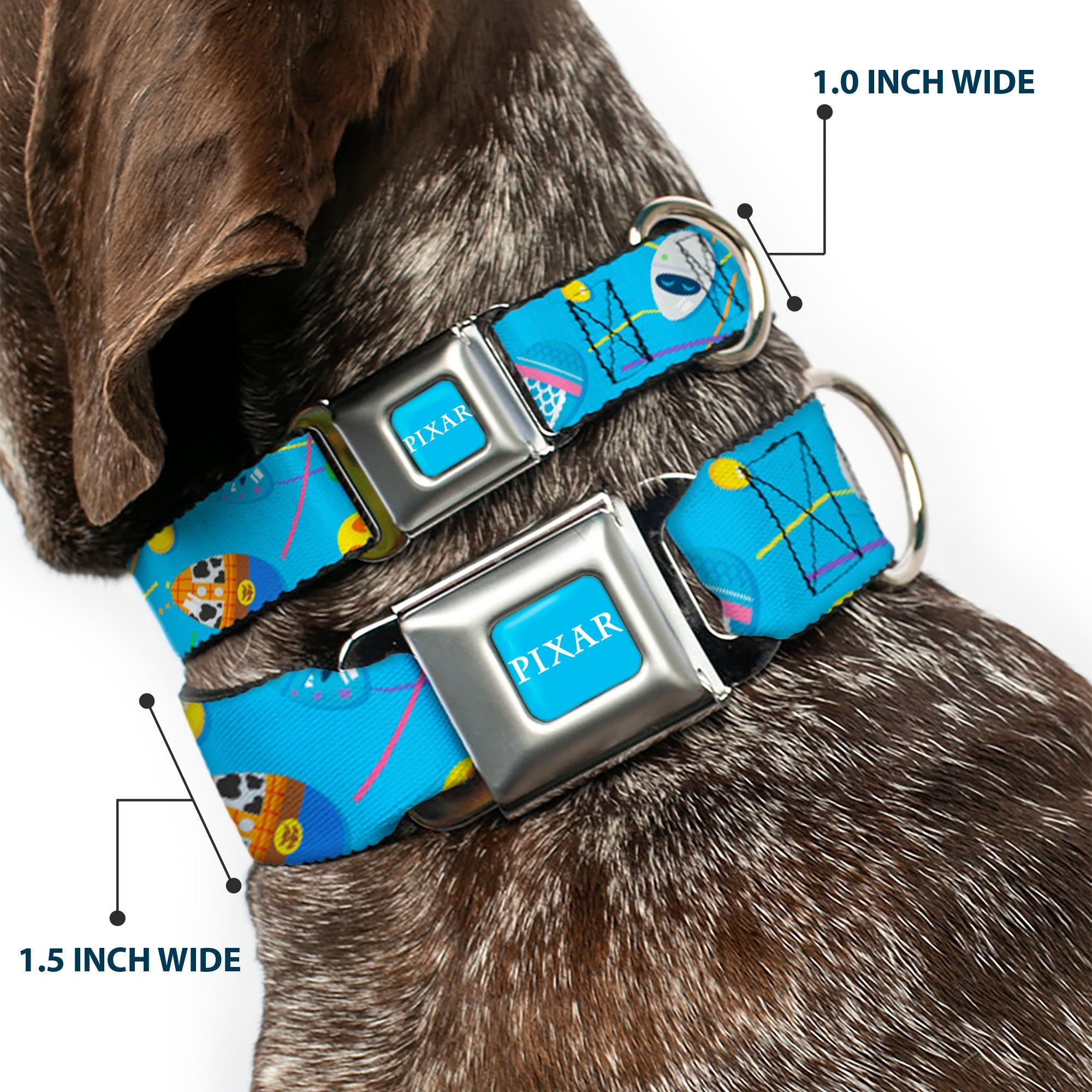 PIXAR Title Logo Full Color Blue/White Seatbelt Buckle Collar - Pixar Holiday Collection Easter Egg Characters Scattered Blue