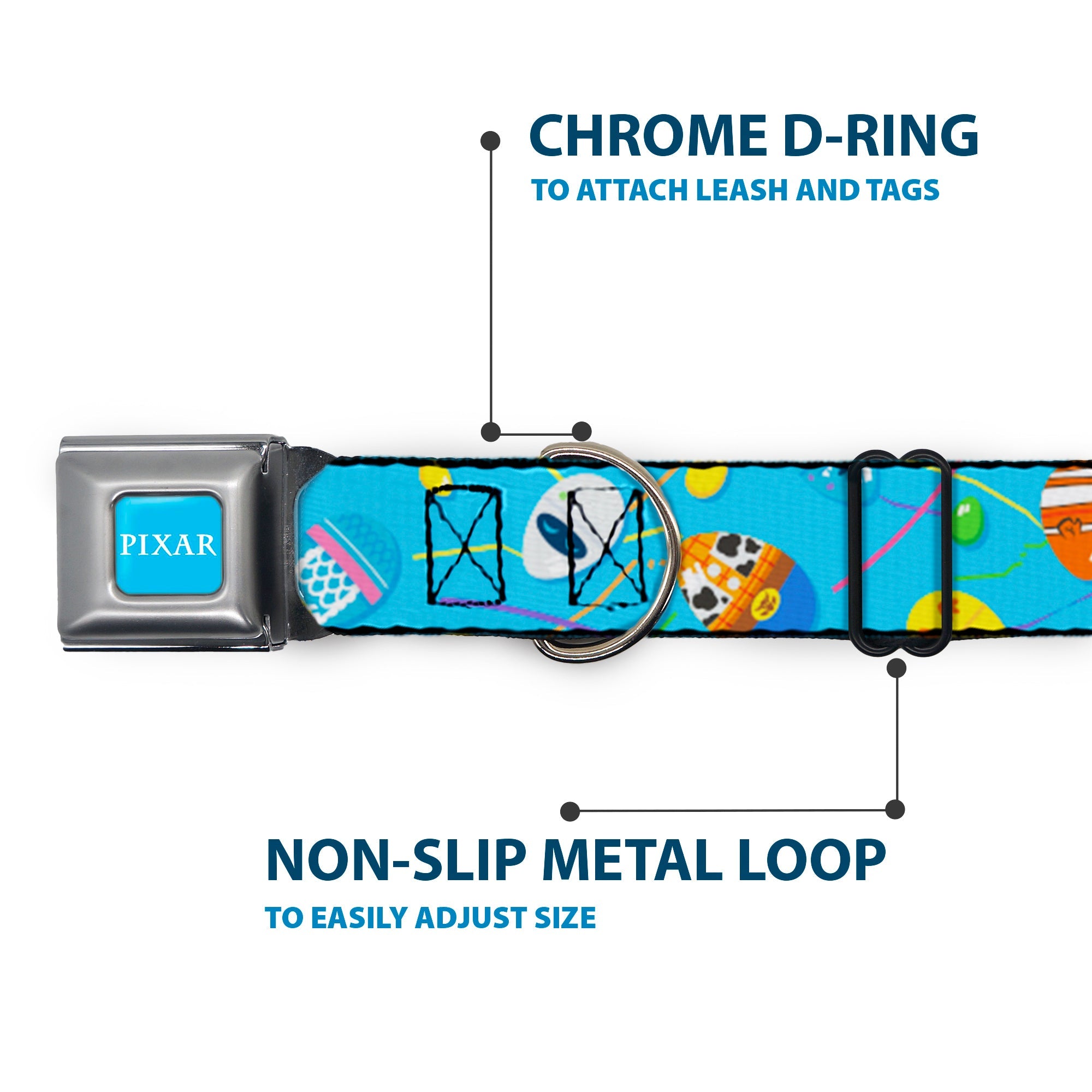 PIXAR Title Logo Full Color Blue/White Seatbelt Buckle Collar - Pixar Holiday Collection Easter Egg Characters Scattered Blue
