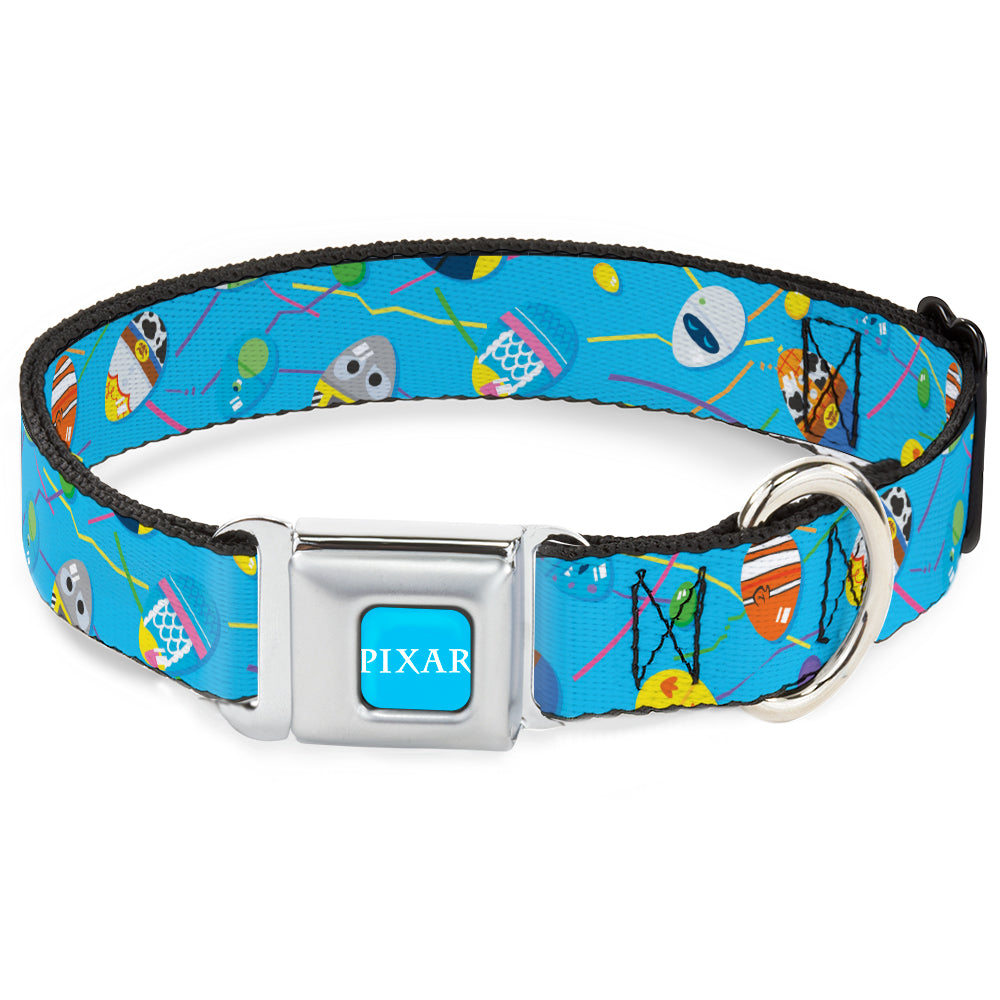 PIXAR Title Logo Full Color Blue/White Seatbelt Buckle Collar - Pixar Holiday Collection Easter Egg Characters Scattered Blue