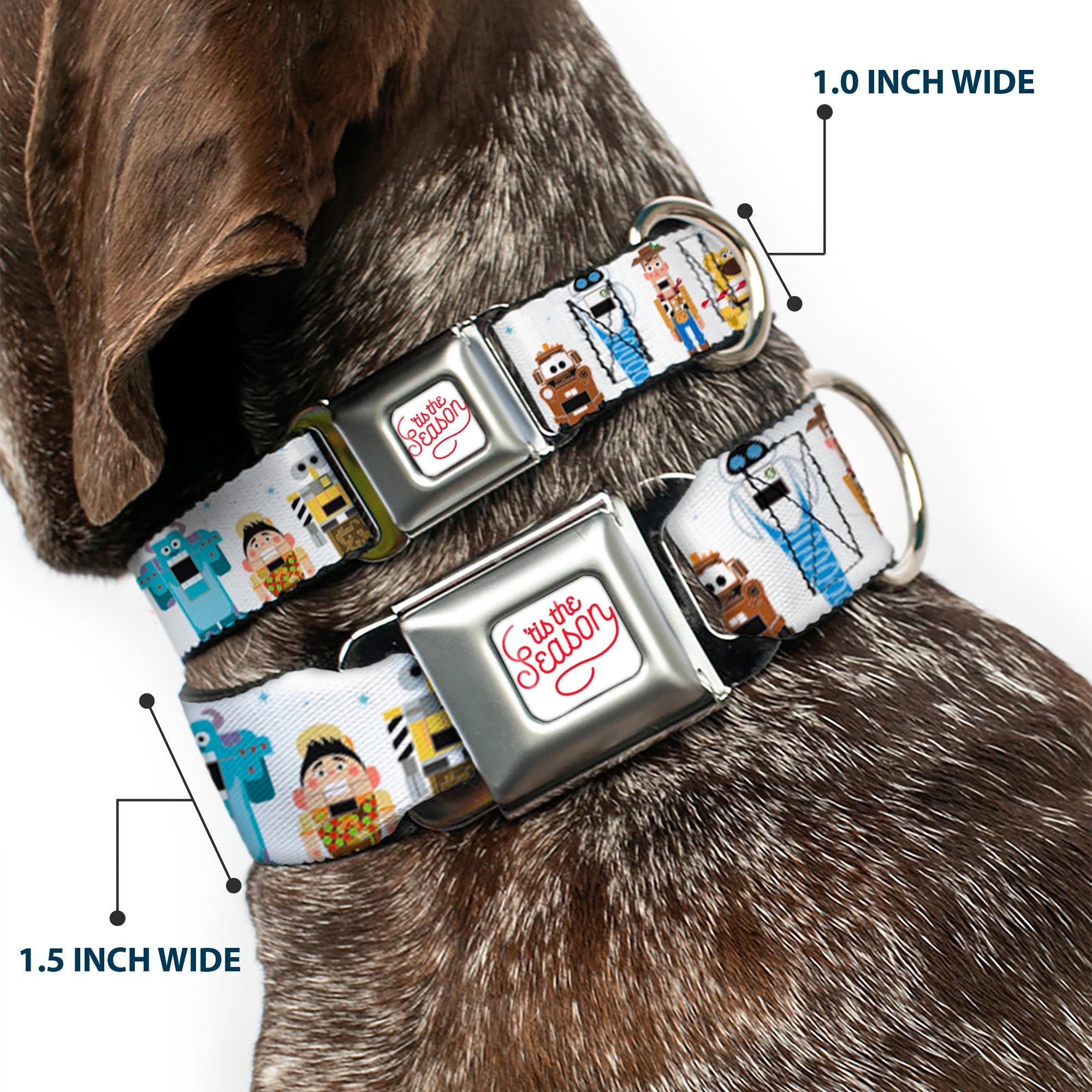 Pixar TIS THE SEASON Script Full Color White/Red Seatbelt Buckle Collar - Pixar Holiday Collection Nutcracker Characters Lineup/Stars White/Blues