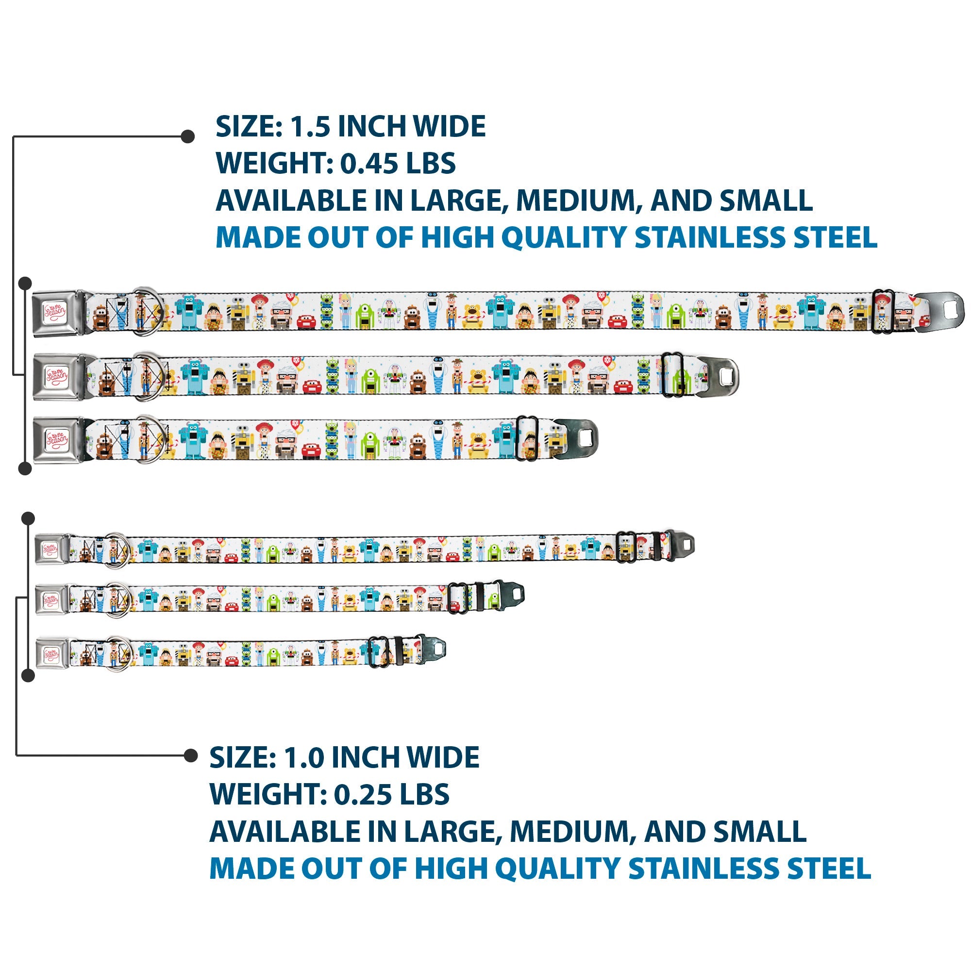 Pixar TIS THE SEASON Script Full Color White/Red Seatbelt Buckle Collar - Pixar Holiday Collection Nutcracker Characters Lineup/Stars White/Blues