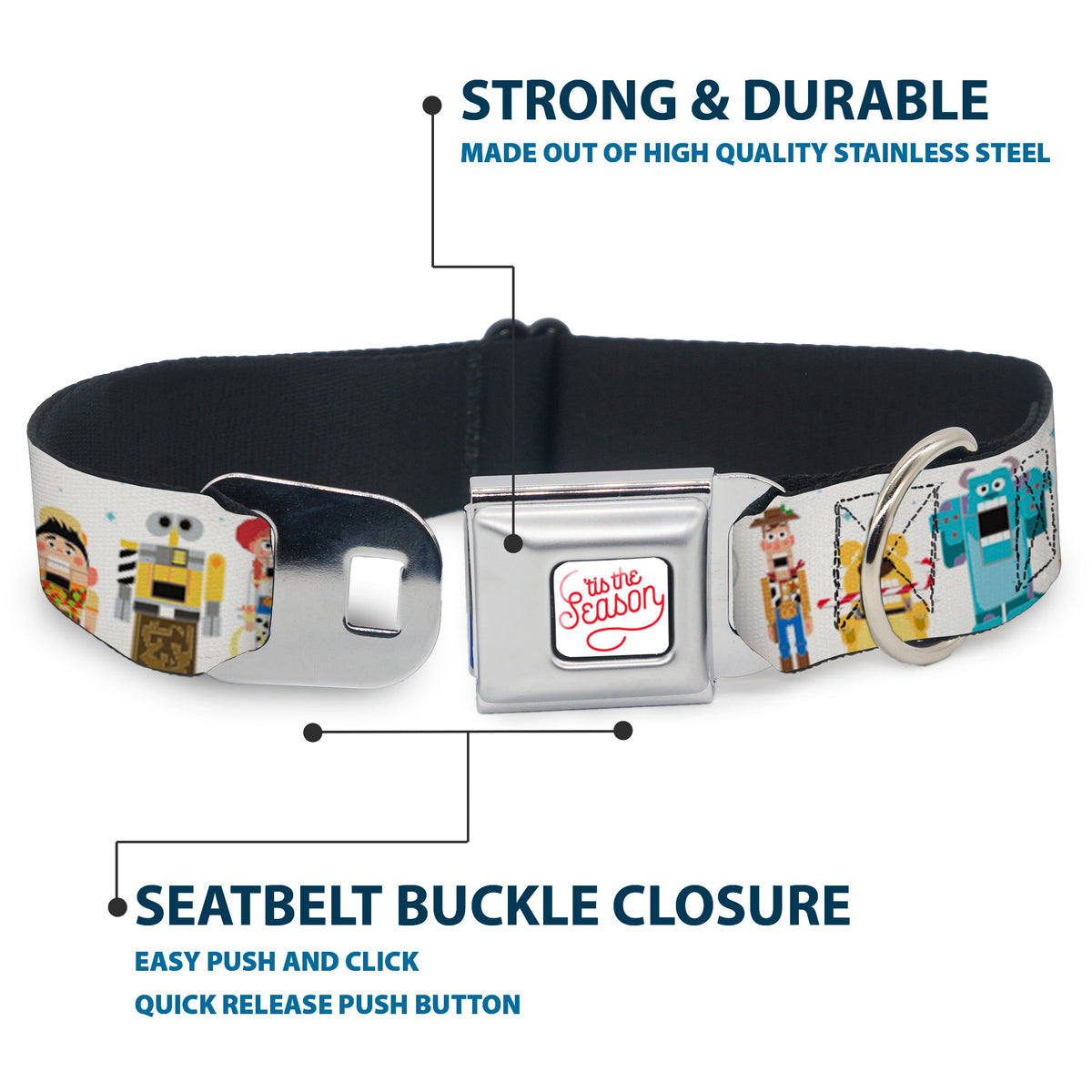 Pixar TIS THE SEASON Script Full Color White/Red Seatbelt Buckle Collar - Pixar Holiday Collection Nutcracker Characters Lineup/Stars White/Blues
