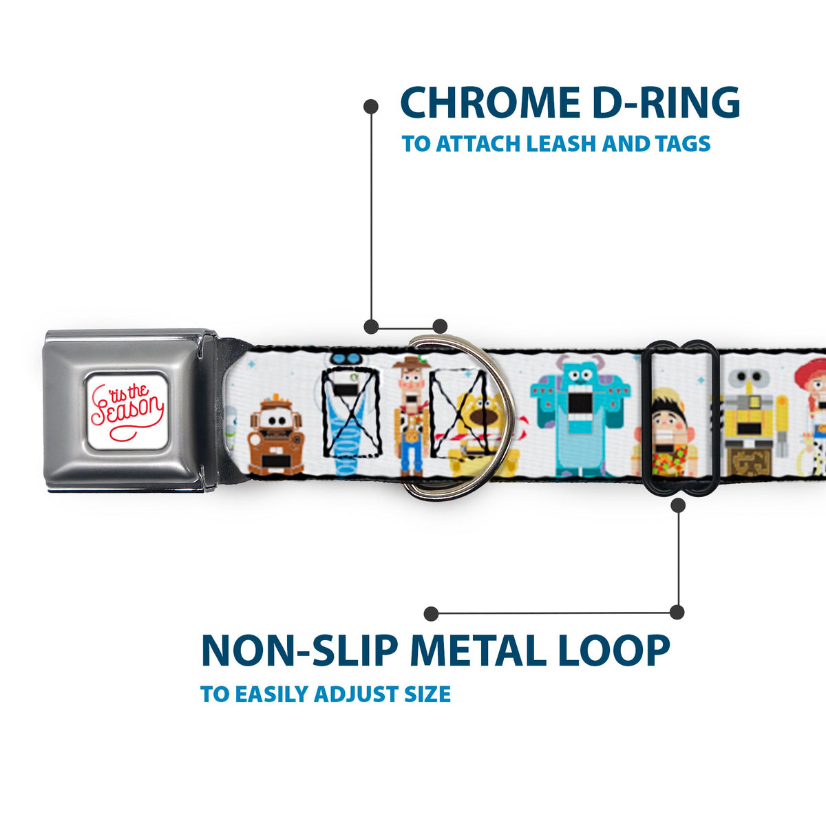 Pixar TIS THE SEASON Script Full Color White/Red Seatbelt Buckle Collar - Pixar Holiday Collection Nutcracker Characters Lineup/Stars White/Blues