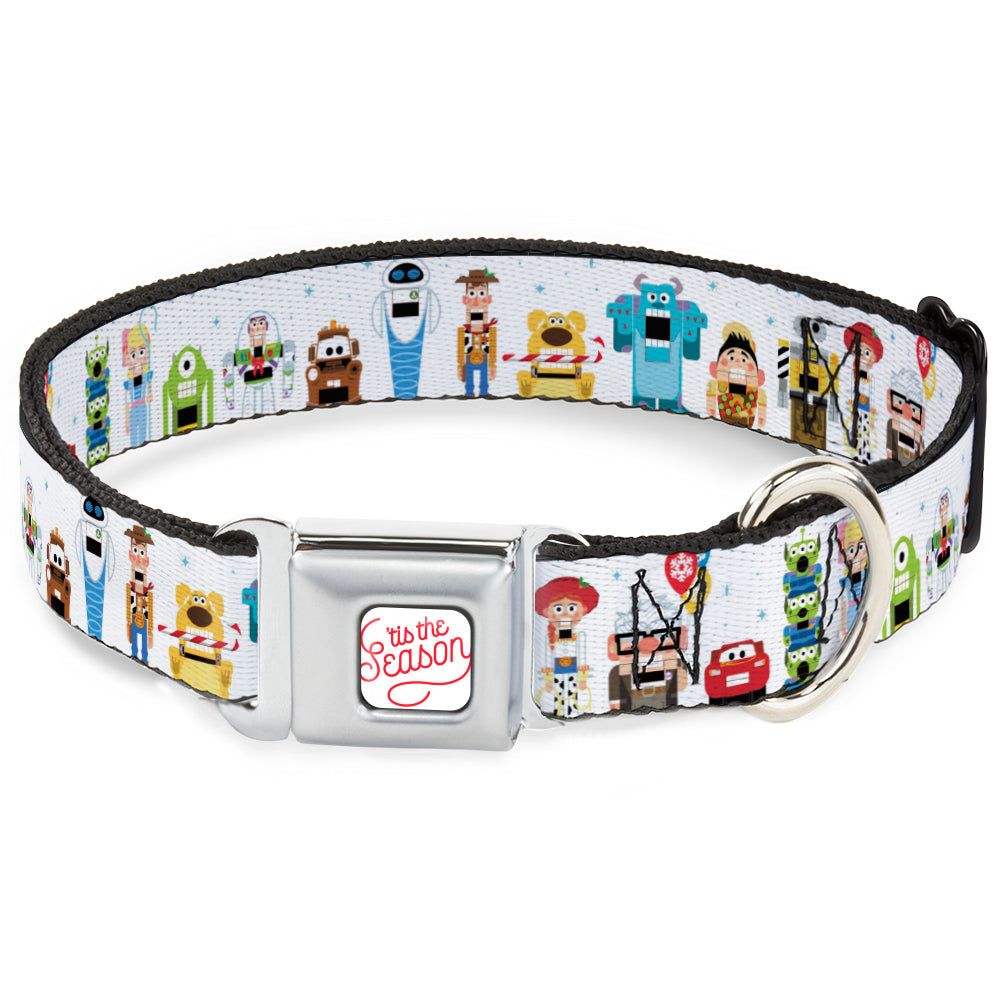 Pixar TIS THE SEASON Script Full Color White/Red Seatbelt Buckle Collar - Pixar Holiday Collection Nutcracker Characters Lineup/Stars White/Blues
