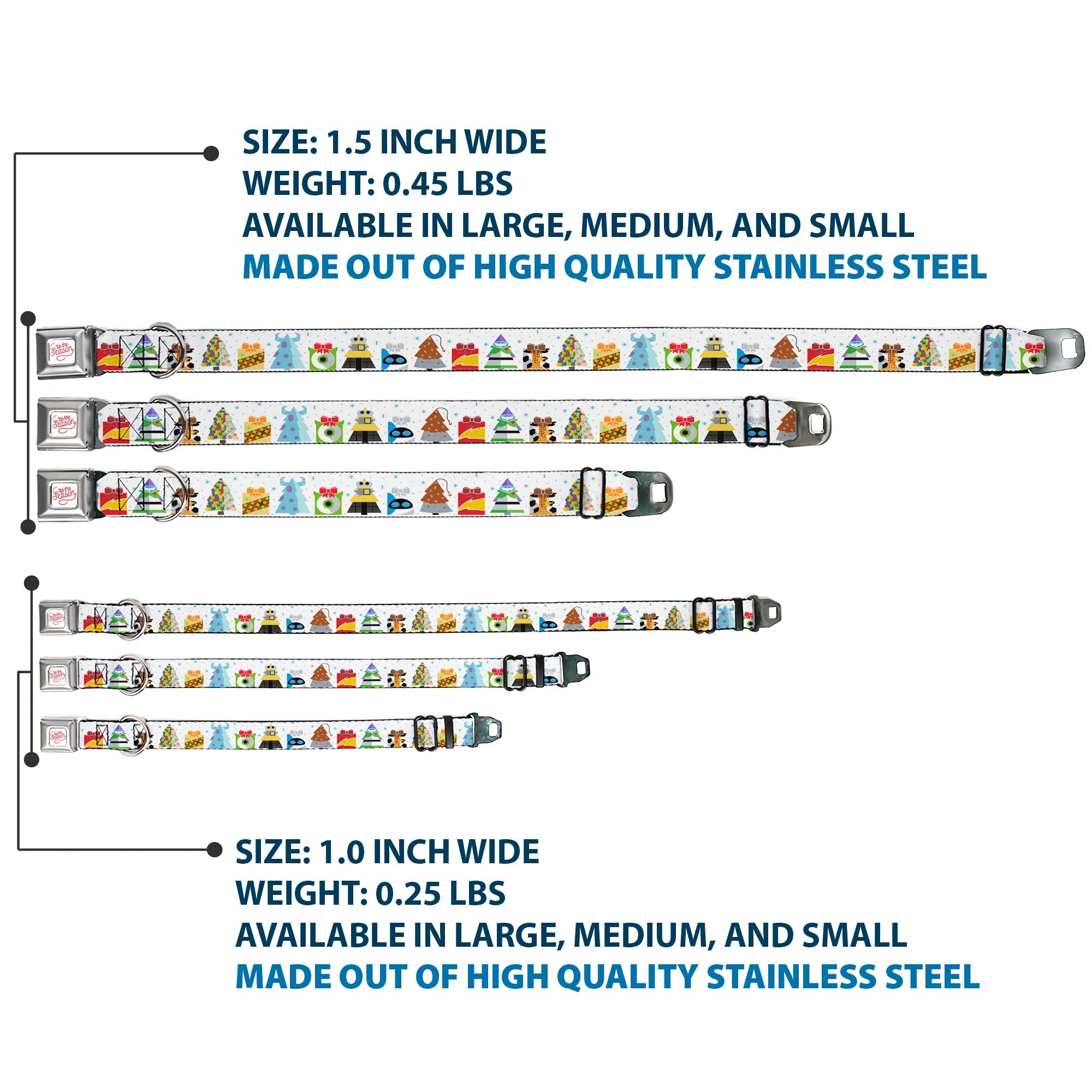 Pixar TIS THE SEASON Script Full Color White/Red Seatbelt Buckle Collar - Pixar Holiday Collection Character Gifts Lineup/Stars White/Blues