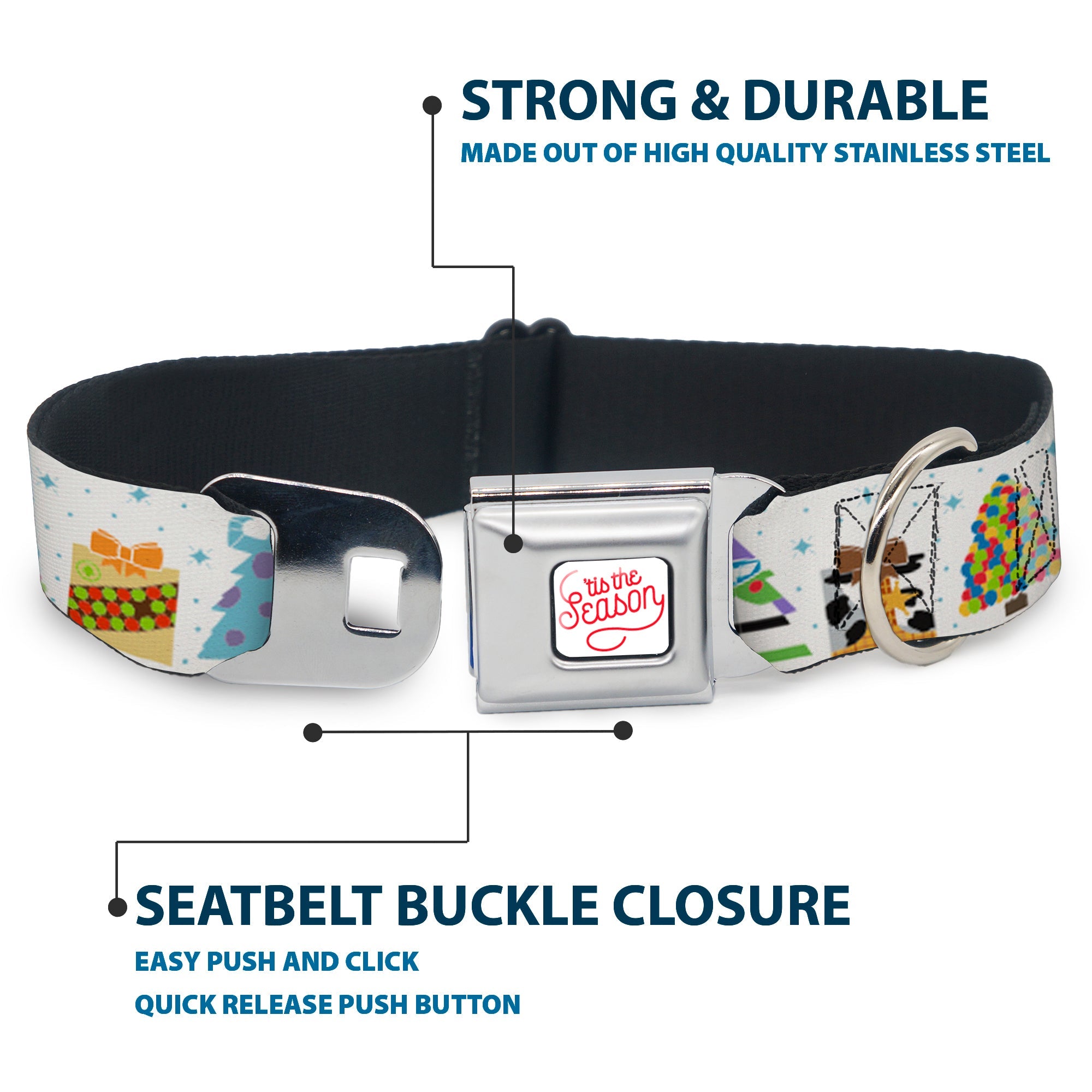 Pixar TIS THE SEASON Script Full Color White/Red Seatbelt Buckle Collar - Pixar Holiday Collection Character Gifts Lineup/Stars White/Blues