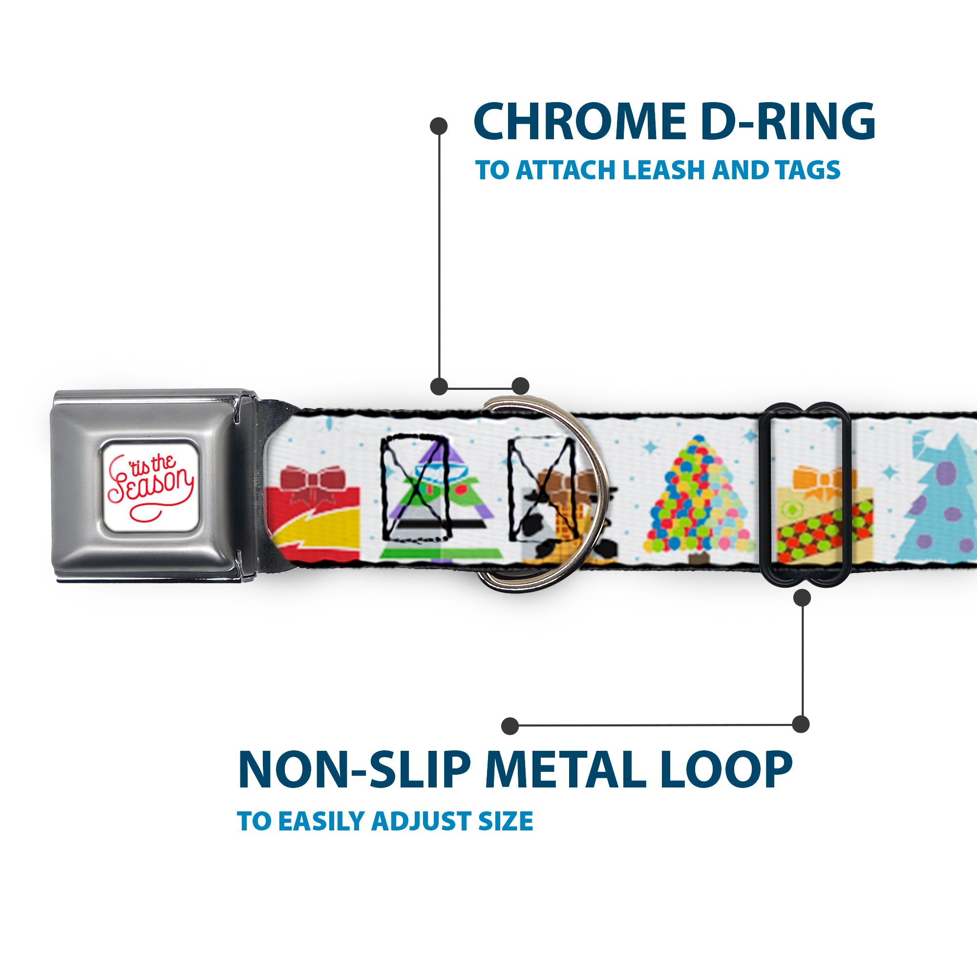 Pixar TIS THE SEASON Script Full Color White/Red Seatbelt Buckle Collar - Pixar Holiday Collection Character Gifts Lineup/Stars White/Blues