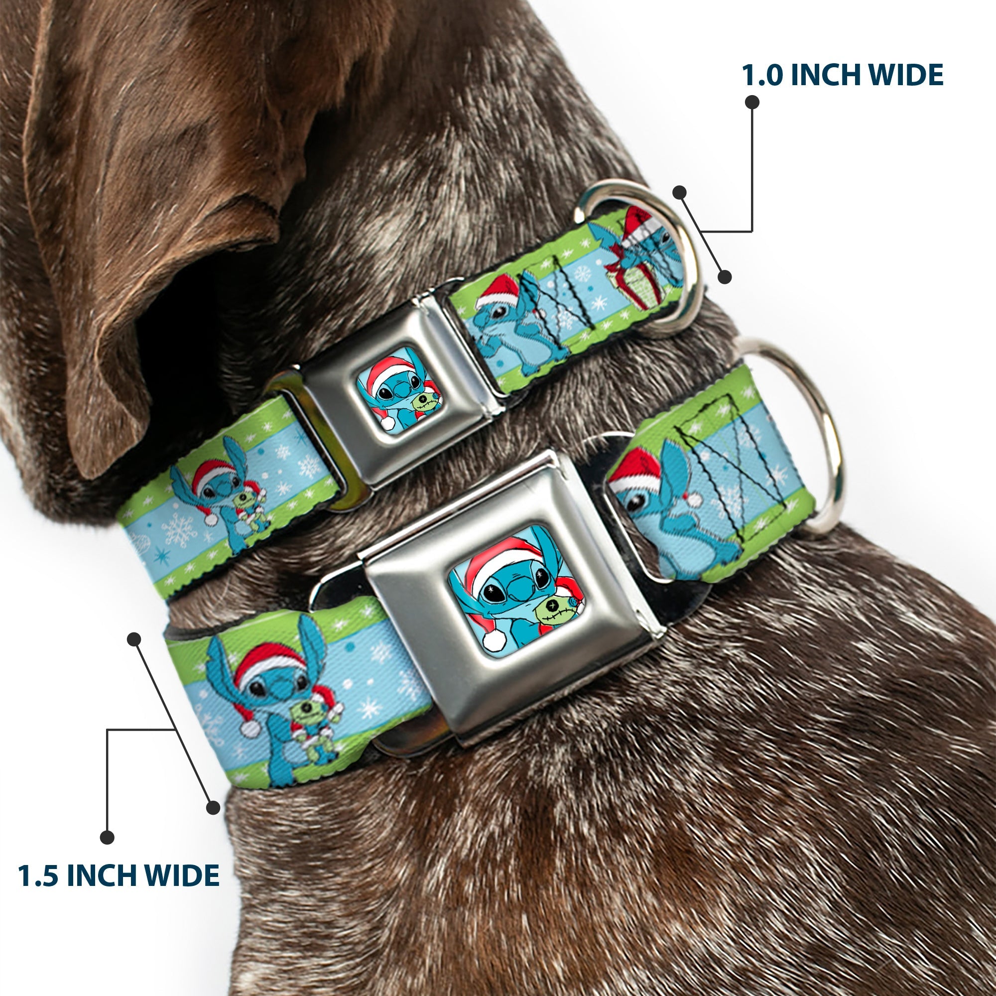 Lilo and Stitch Holiday Stitch and Scrump Pose Full Color Blue Seatbelt Buckle Collar - Lilo and Stitch Holiday Stitch and Scrump Poses Stripe Green/Blue