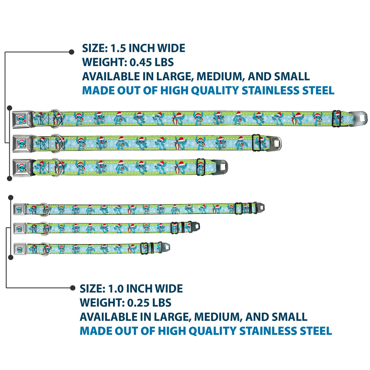 Lilo and Stitch Holiday Stitch and Scrump Pose Full Color Blue Seatbelt Buckle Collar - Lilo and Stitch Holiday Stitch and Scrump Poses Stripe Green/Blue