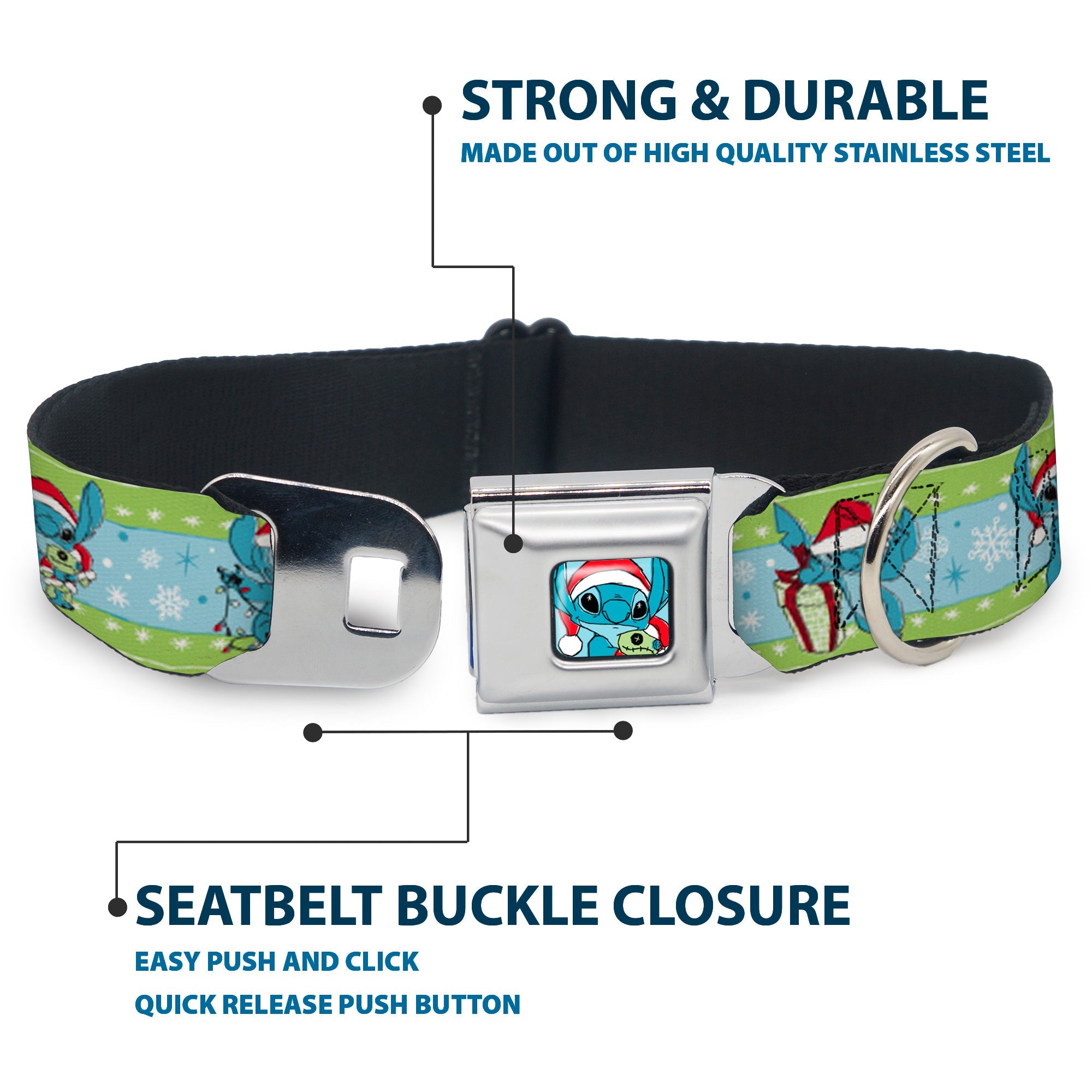 Lilo and Stitch Holiday Stitch and Scrump Pose Full Color Blue Seatbelt Buckle Collar - Lilo and Stitch Holiday Stitch and Scrump Poses Stripe Green/Blue