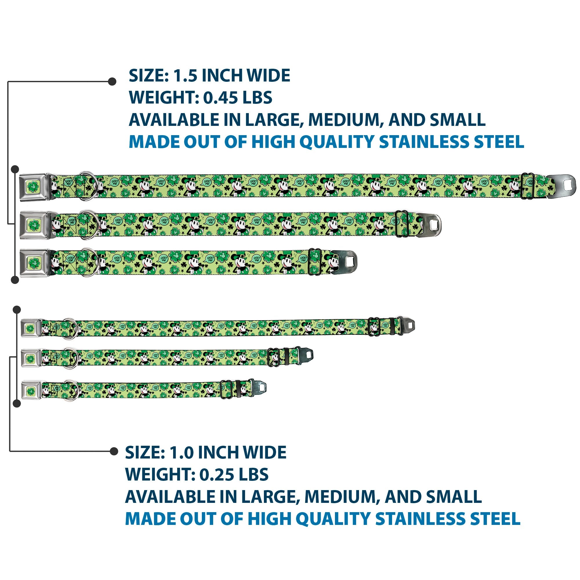 Mickey Mouse St. Patricks Day Shamrock Full Color Greens Seatbelt Buckle Collar - Mickey Mouse St. Patricks Day LUCKY ME Leprechaun Pose and Shamrocks Greens