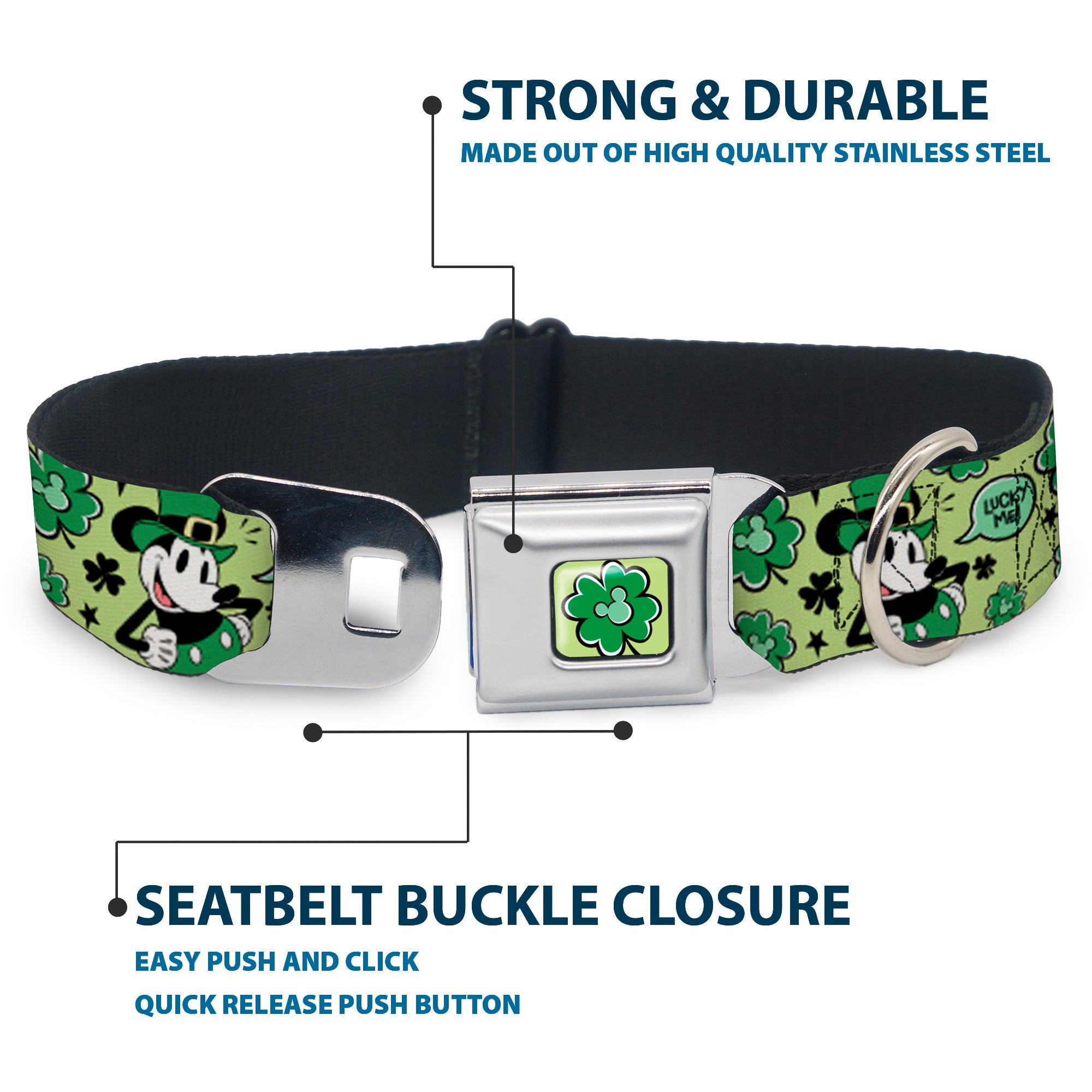 Mickey Mouse St. Patricks Day Shamrock Full Color Greens Seatbelt Buckle Collar - Mickey Mouse St. Patricks Day LUCKY ME Leprechaun Pose and Shamrocks Greens