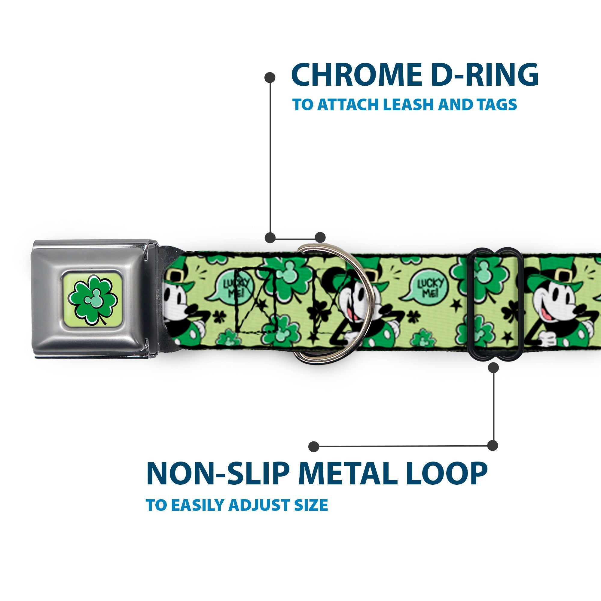 Mickey Mouse St. Patricks Day Shamrock Full Color Greens Seatbelt Buckle Collar - Mickey Mouse St. Patricks Day LUCKY ME Leprechaun Pose and Shamrocks Greens