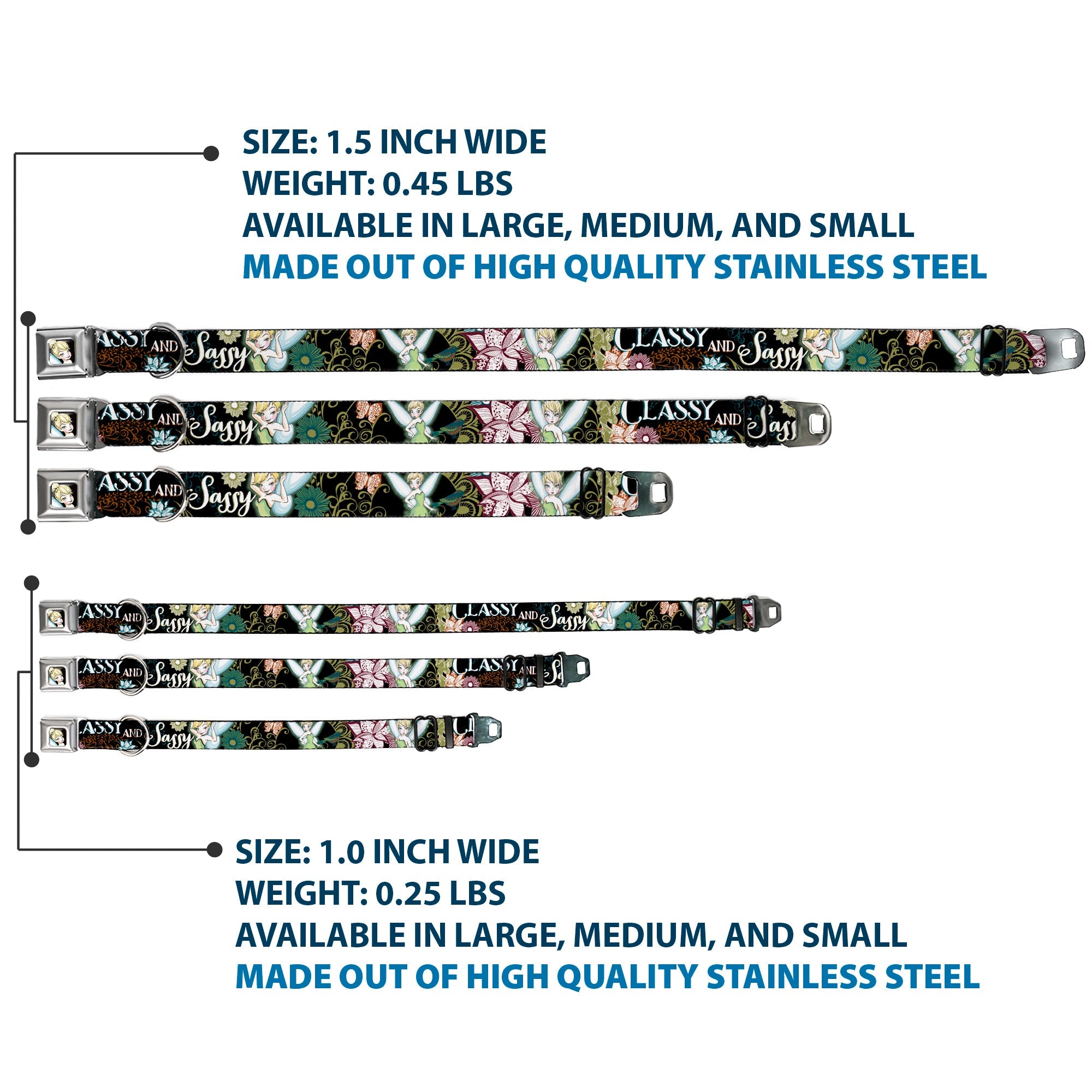 Tinker Bell Sketch Full Color Black Seatbelt Buckle Collar - Tinker Bell Floral Collage CLASSY AND SASSY
