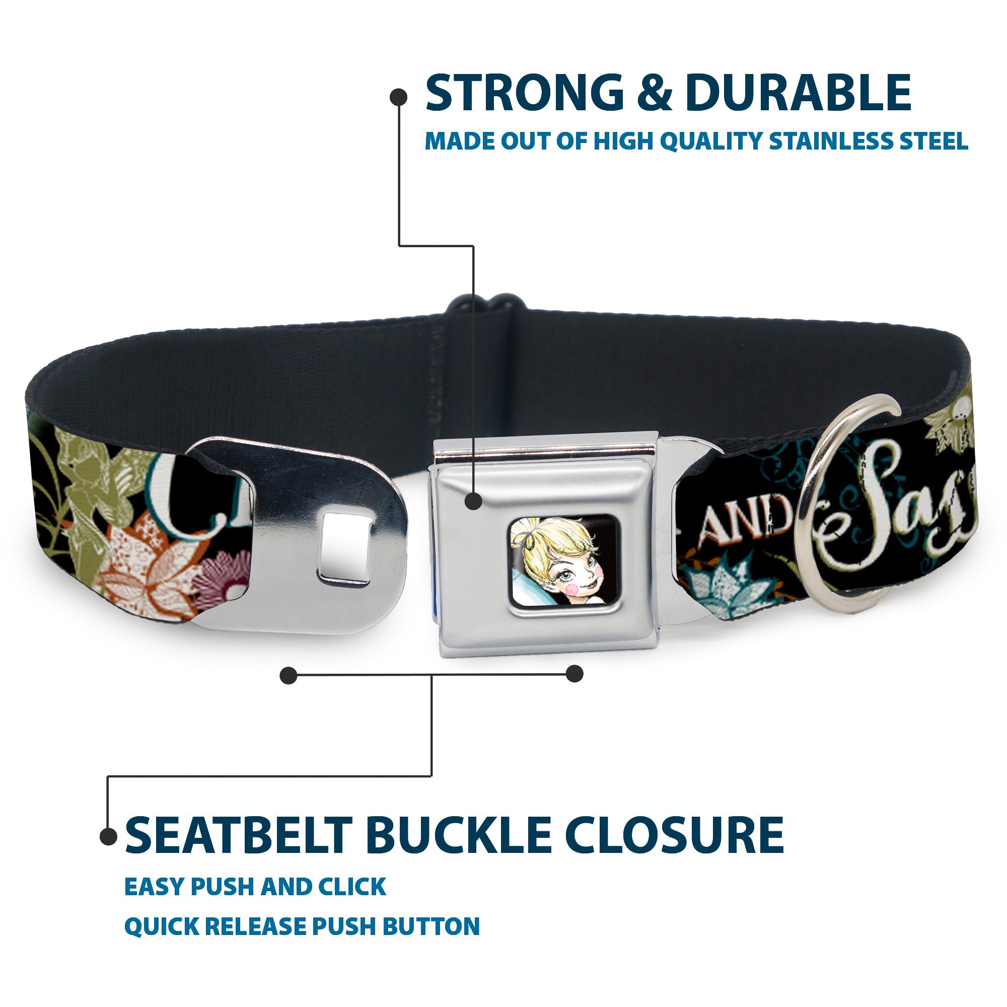 Tinker Bell Sketch Full Color Black Seatbelt Buckle Collar - Tinker Bell Floral Collage CLASSY AND SASSY