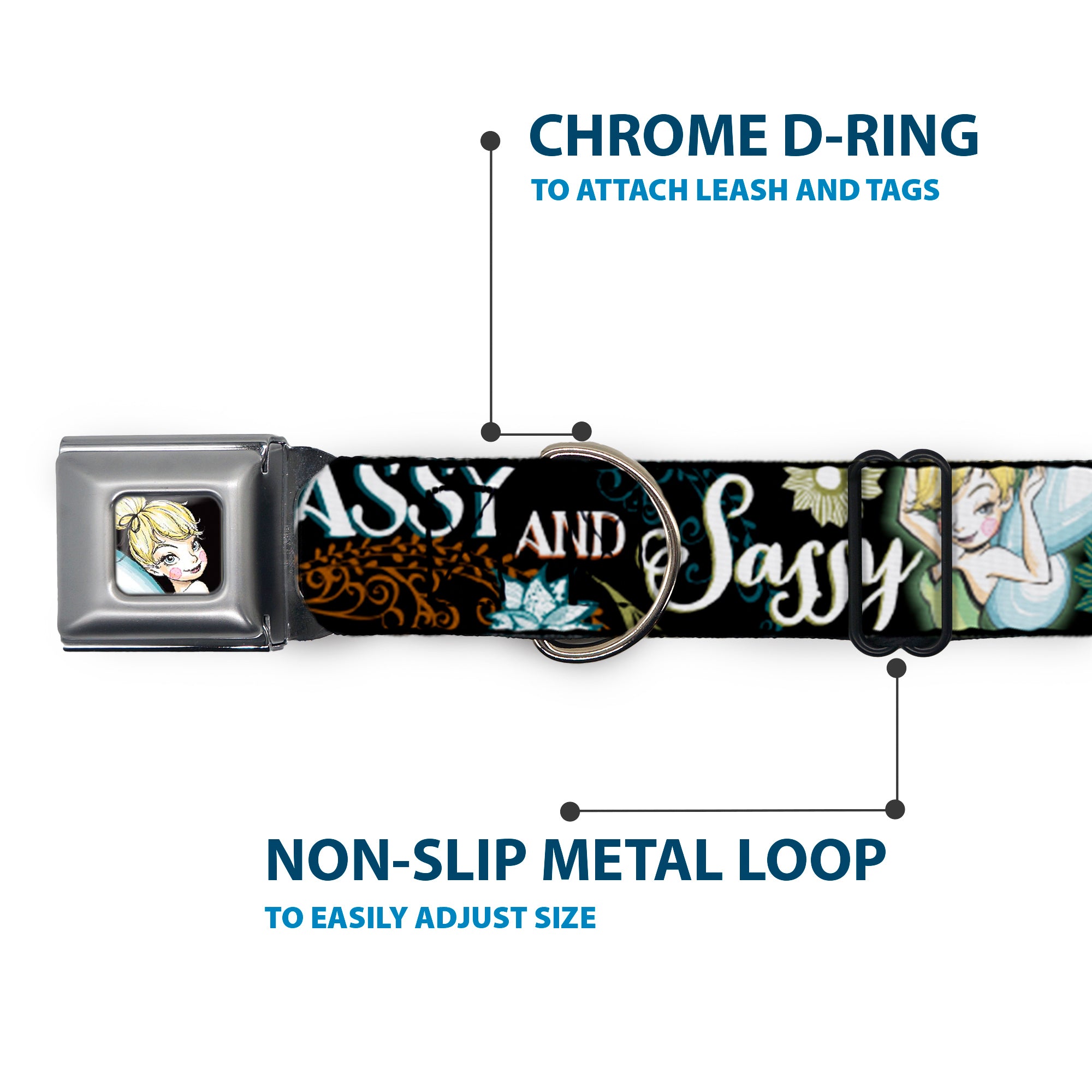 Tinker Bell Sketch Full Color Black Seatbelt Buckle Collar - Tinker Bell Floral Collage CLASSY AND SASSY