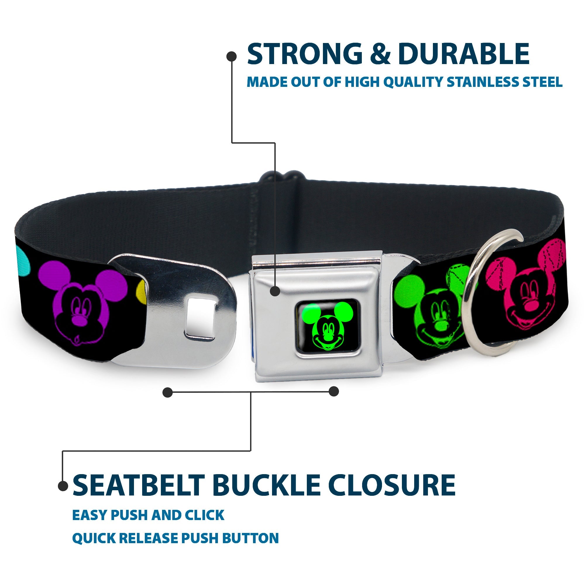 Mickey Mouse Expression2 Full Color Black Neon Green Seatbelt Buckle Collar - Mickey Expressions Black/Multi Neon