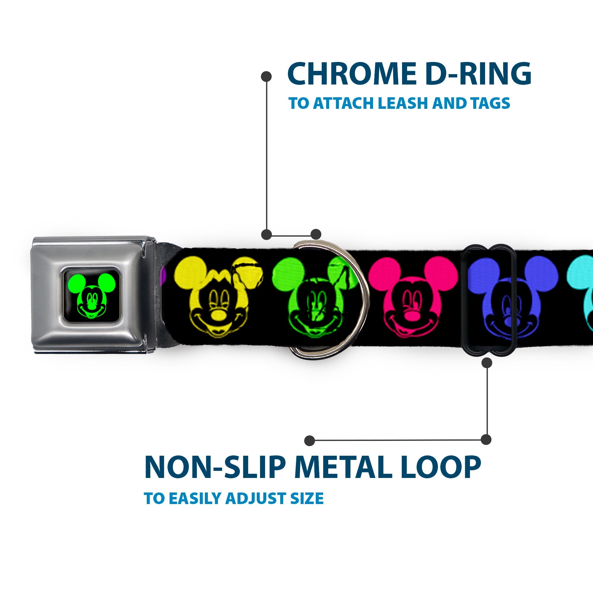 Mickey Mouse Expression2 Full Color Black Neon Green Seatbelt Buckle Collar - Mickey Expressions Black/Multi Neon