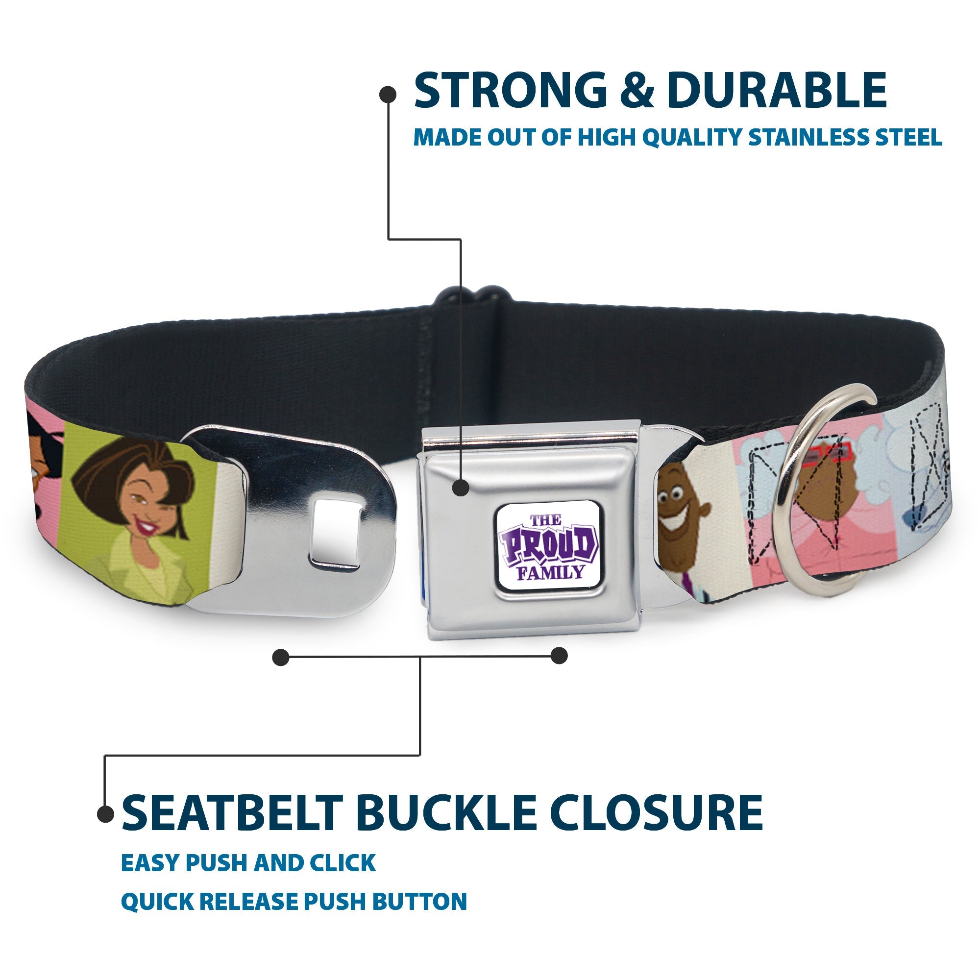 THE PROUD FAMILY Title Logo Full Color White/Purple Seatbelt Buckle Collar - The Proud Family 6-Character Block Poses