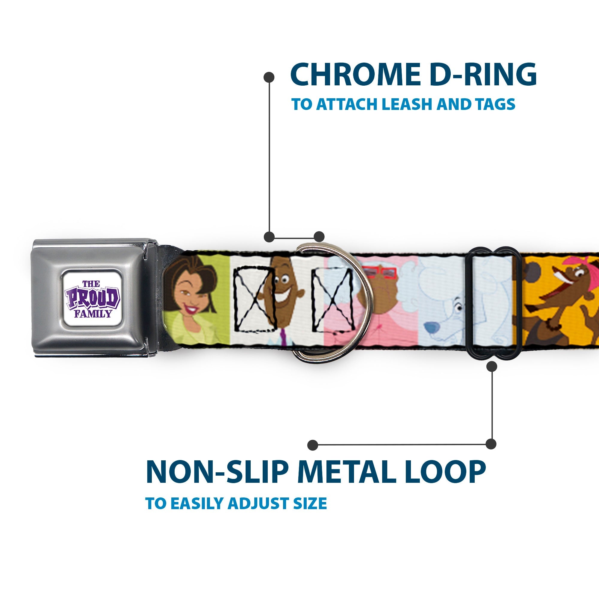 THE PROUD FAMILY Title Logo Full Color White/Purple Seatbelt Buckle Collar - The Proud Family 6-Character Block Poses