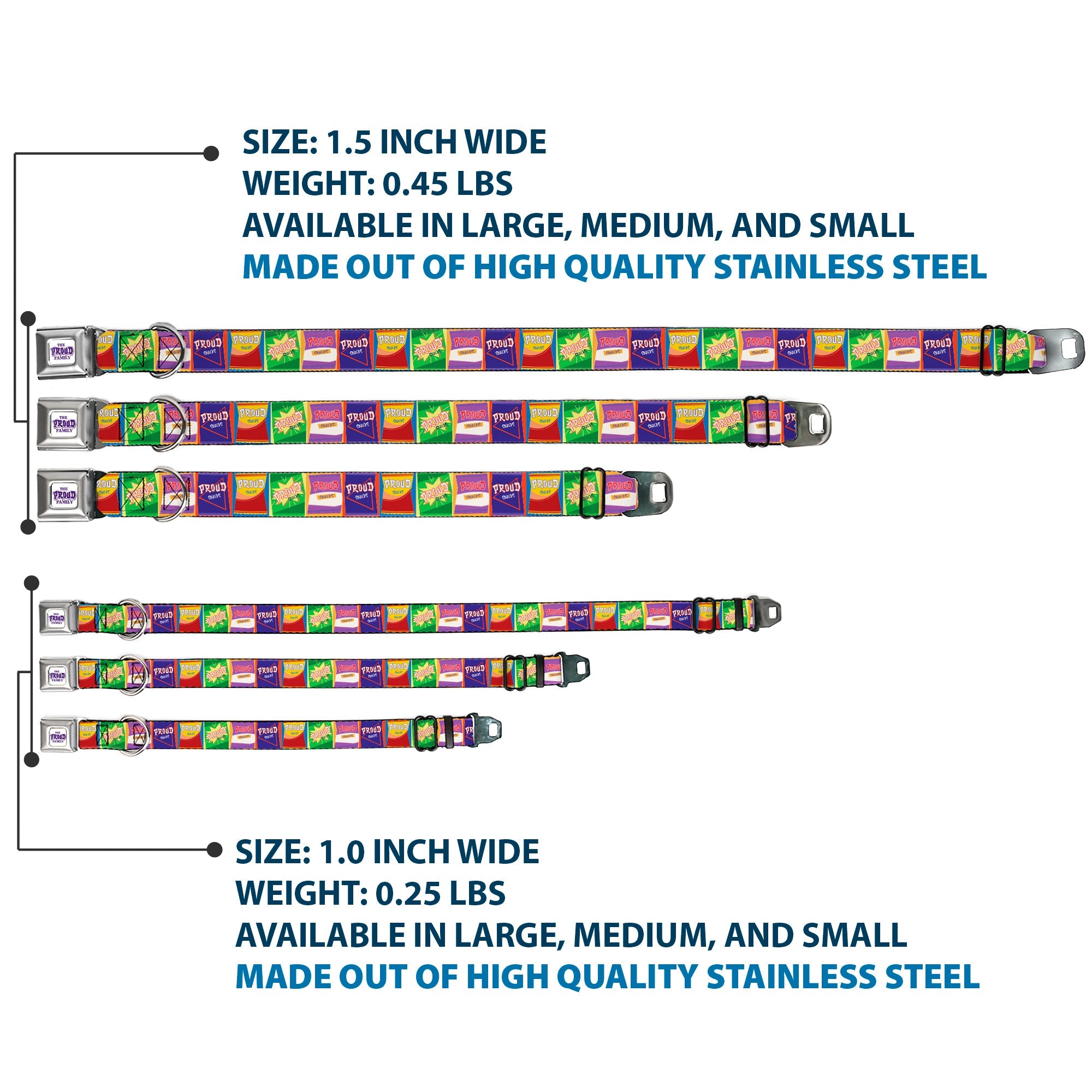 THE PROUD FAMILY Title Logo Full Color White/Purple Seatbelt Buckle Collar - The Proud Family PROUD SNACKS Logo Blocks Multi Color