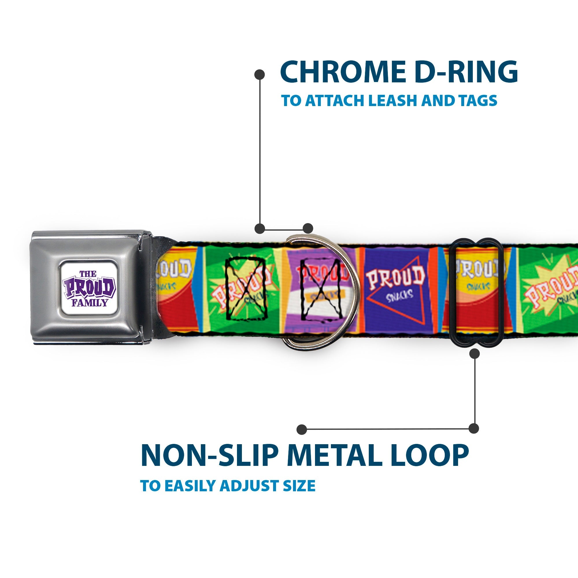 THE PROUD FAMILY Title Logo Full Color White/Purple Seatbelt Buckle Collar - The Proud Family PROUD SNACKS Logo Blocks Multi Color