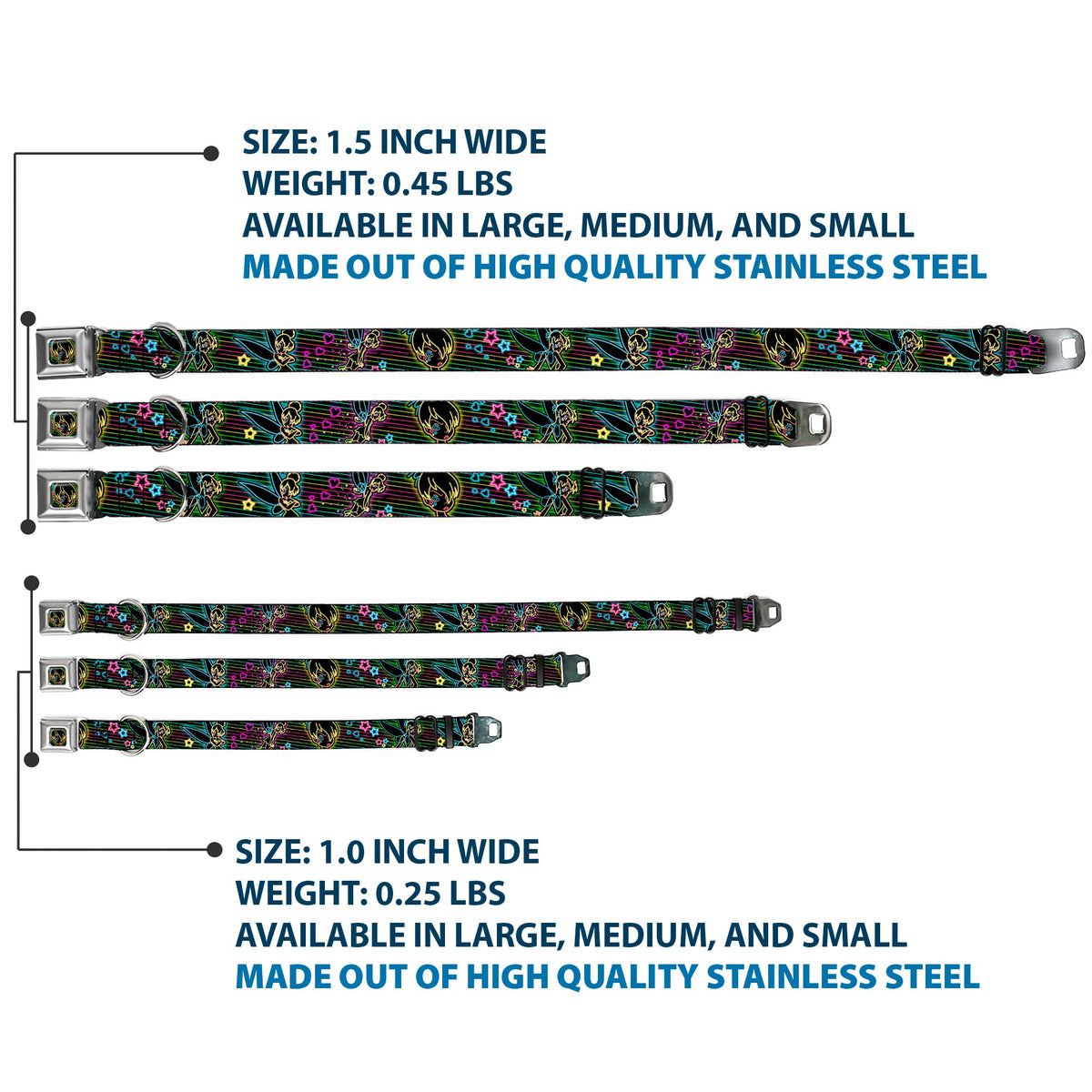 Electric Tinkerbell Face Full Color Black/Multi Neon Seatbelt Buckle Collar - Electric Tinkerbell Poses/Stripes Black/Multi Neon
