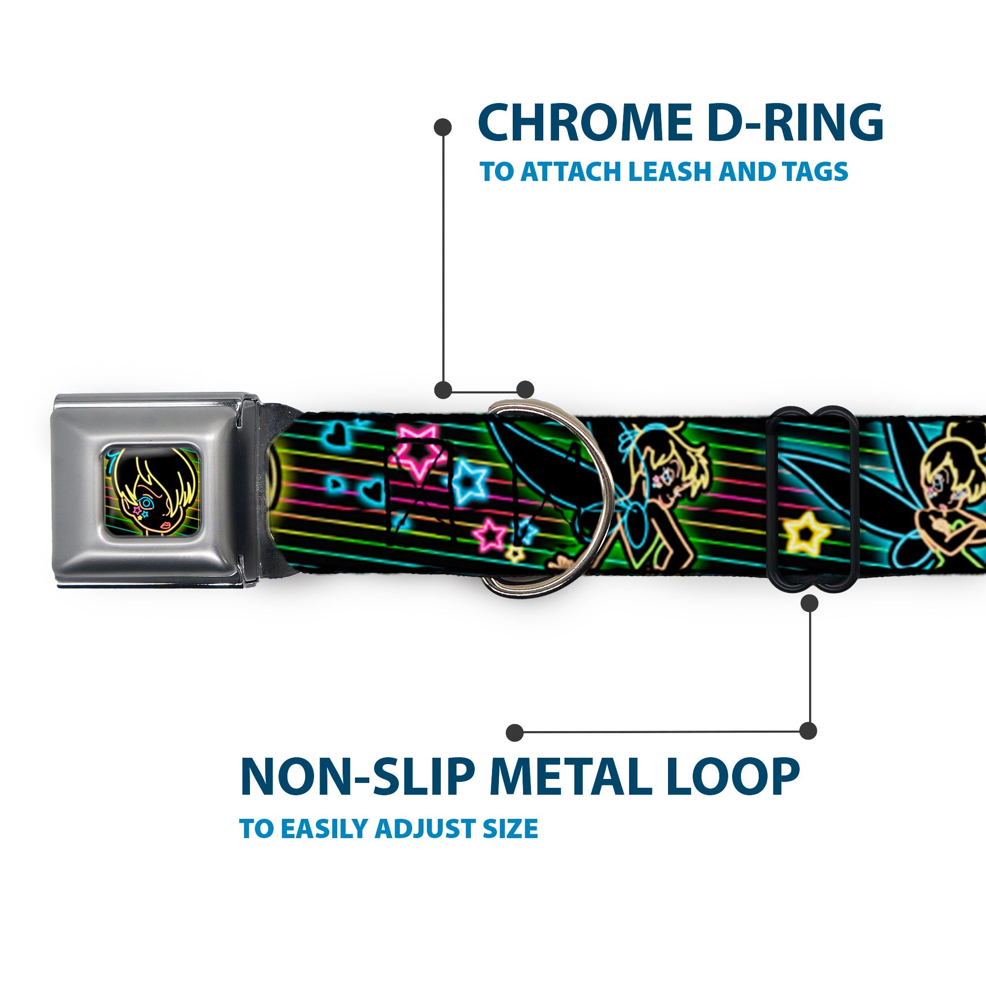 Electric Tinkerbell Face Full Color Black/Multi Neon Seatbelt Buckle Collar - Electric Tinkerbell Poses/Stripes Black/Multi Neon