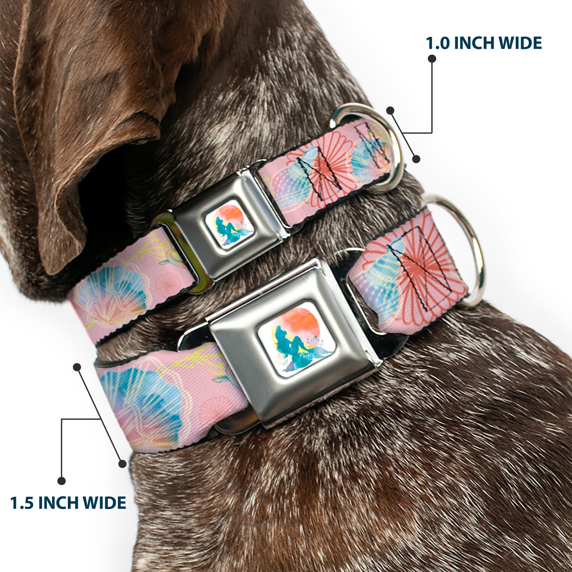 The Little Mermaid Ariel Silhouette Pose Full Color White/Multi Color Seatbelt Buckle Collar - The Little Mermaid Flounder and Sebastian Under the Sea Pinks