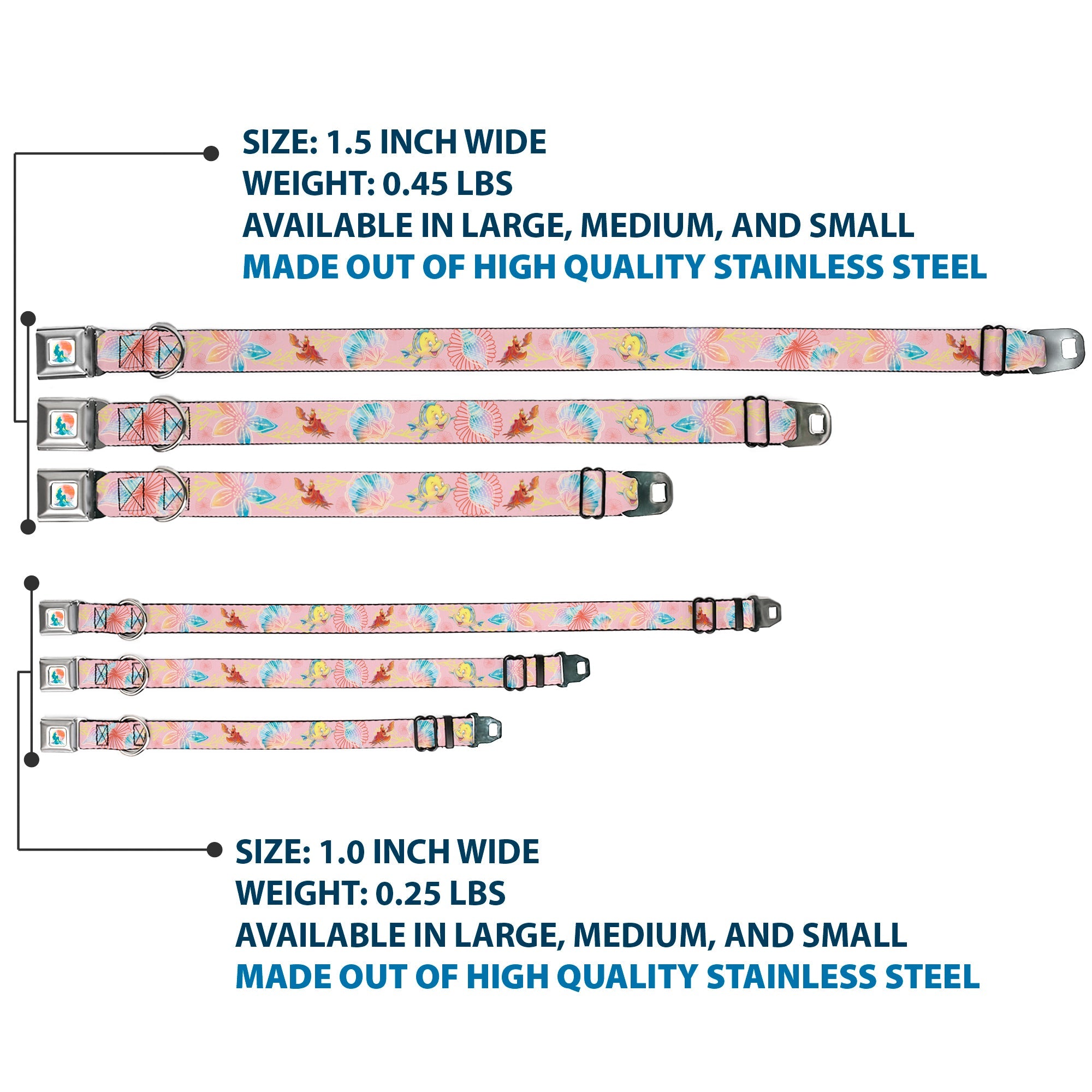 The Little Mermaid Ariel Silhouette Pose Full Color White/Multi Color Seatbelt Buckle Collar - The Little Mermaid Flounder and Sebastian Under the Sea Pinks