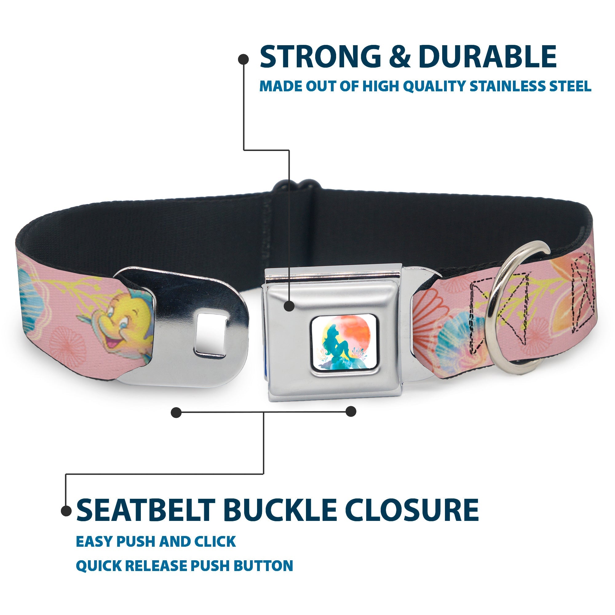 The Little Mermaid Ariel Silhouette Pose Full Color White/Multi Color Seatbelt Buckle Collar - The Little Mermaid Flounder and Sebastian Under the Sea Pinks