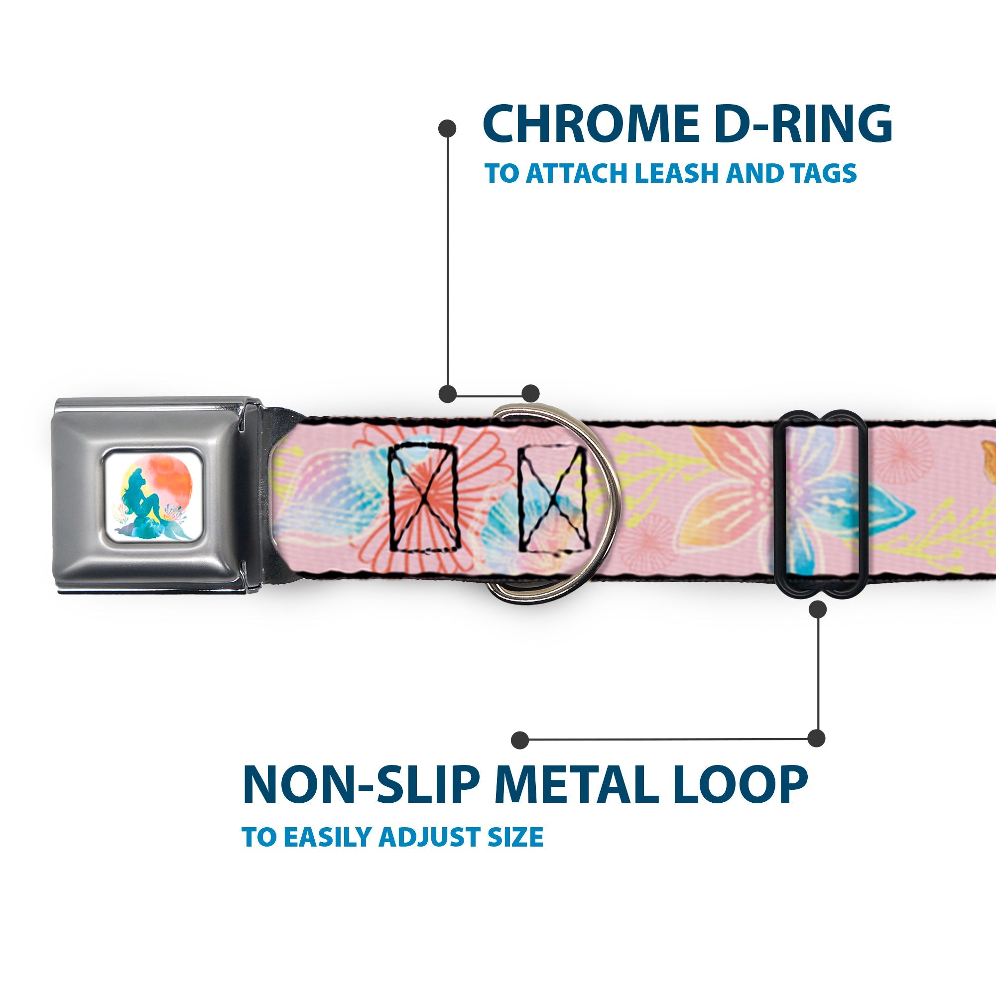 The Little Mermaid Ariel Silhouette Pose Full Color White/Multi Color Seatbelt Buckle Collar - The Little Mermaid Flounder and Sebastian Under the Sea Pinks