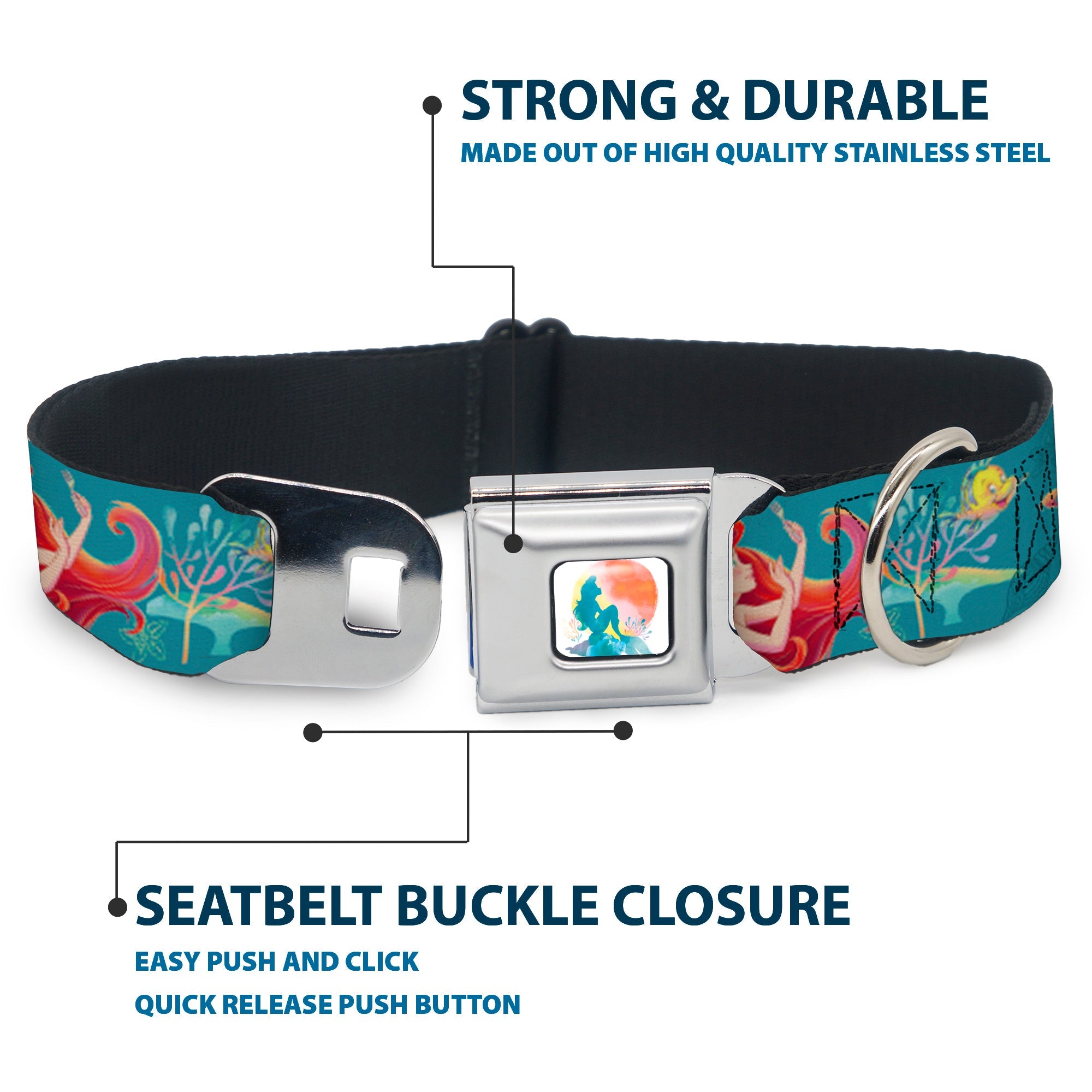 The Little Mermaid Ariel Silhouette Pose Full Color White/Multi Color Seatbelt Buckle Collar - The Little Mermaid Flounder and Sebastian Under the Sea Greens