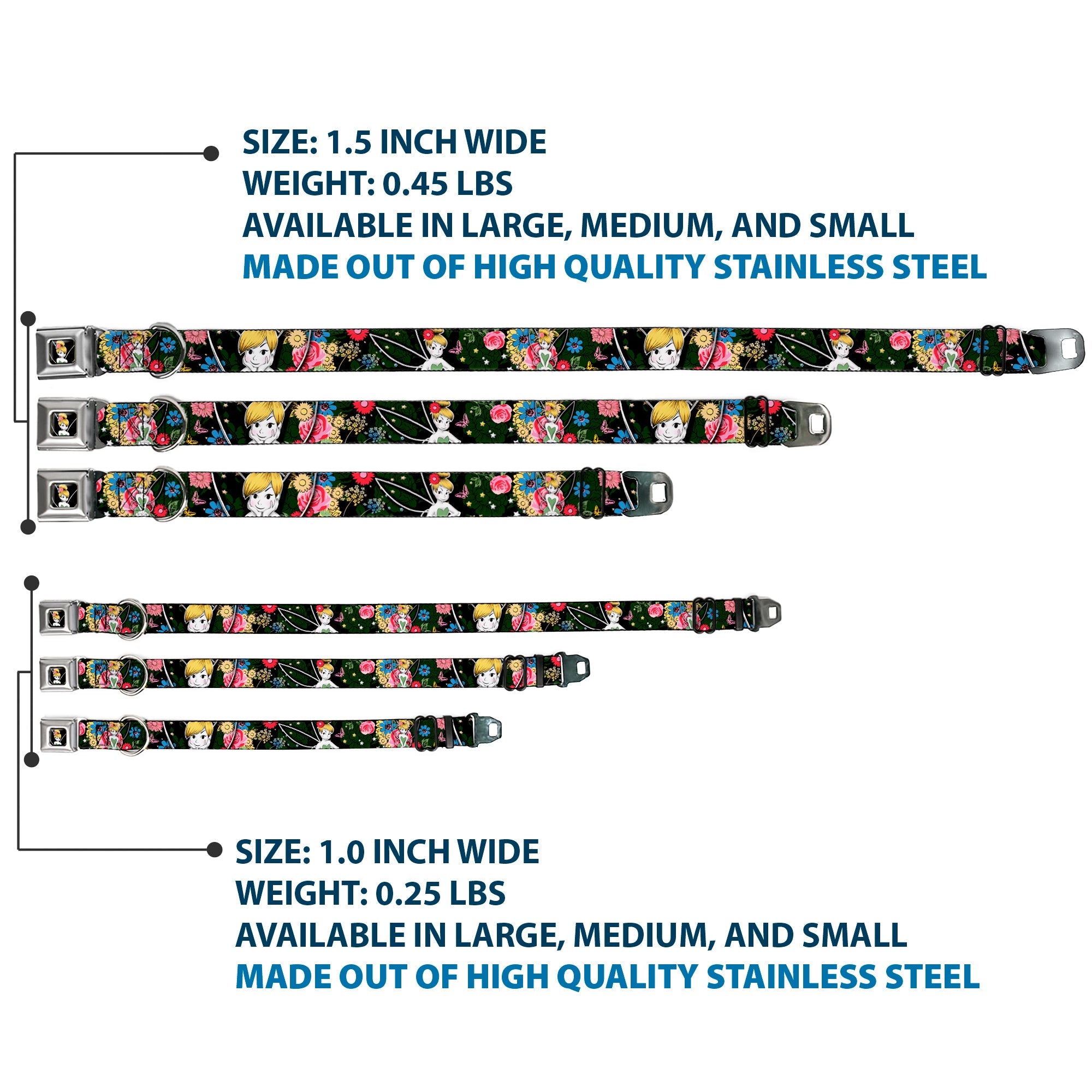 Tinker Bell Sketch Full Color Seatbelt Buckle Collar - Tinker Bell Poses/Sleeping Floral Collage