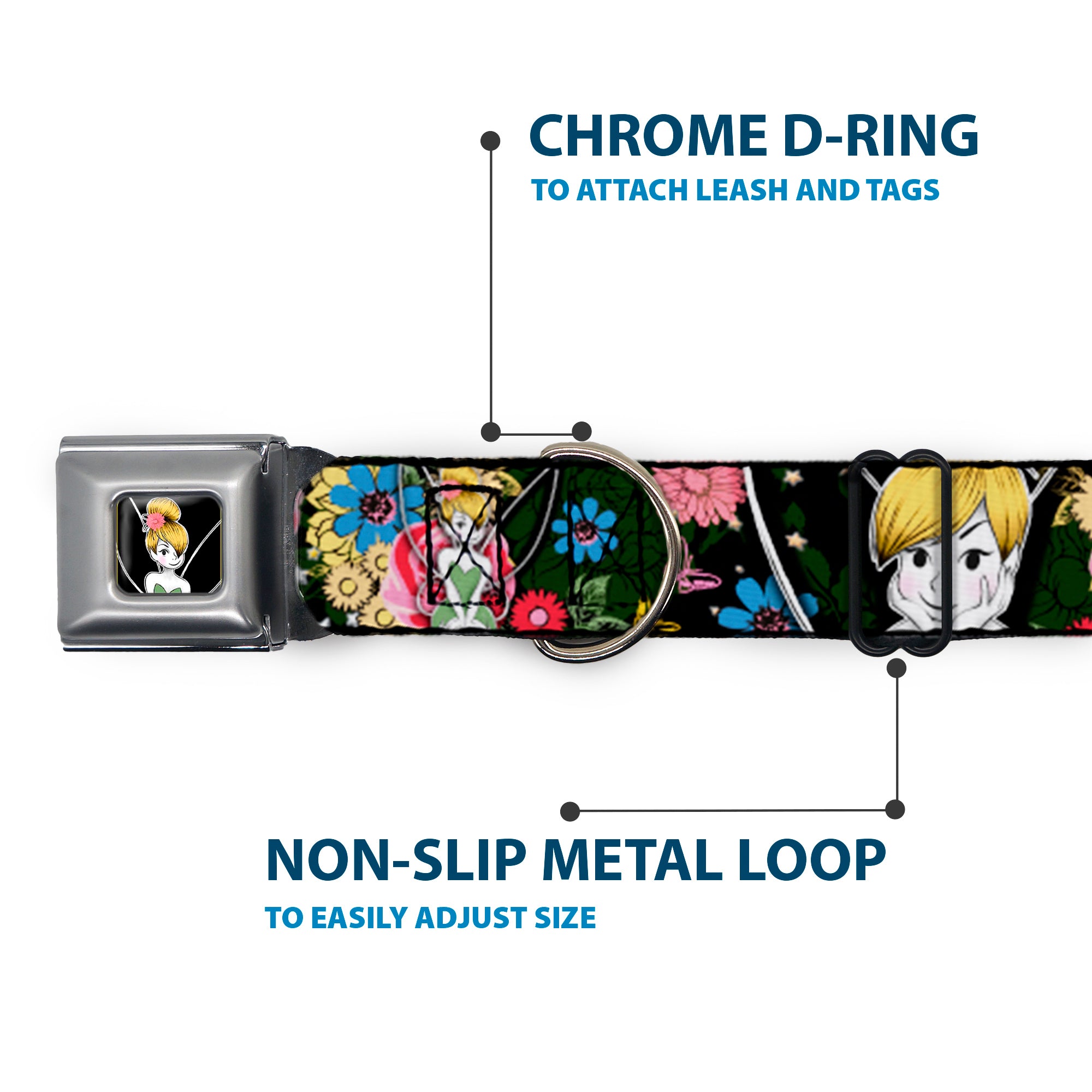 Tinker Bell Sketch Full Color Seatbelt Buckle Collar - Tinker Bell Poses/Sleeping Floral Collage