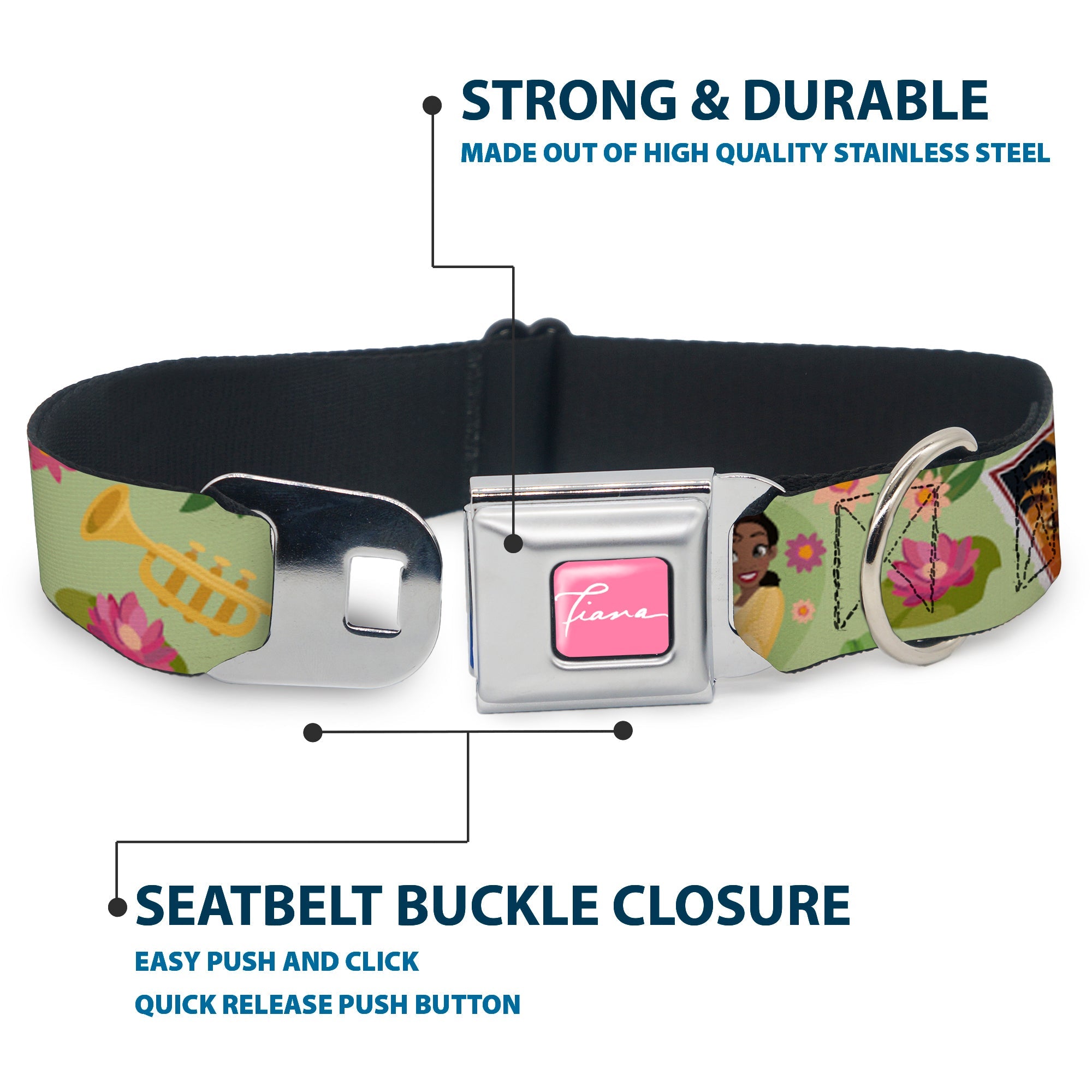 The Princess and the Frog TIANA Script Full Color Pink/White Seatbelt Buckle Collar - The Princess and the Frog Tianas Place Collage Greens/Pinks