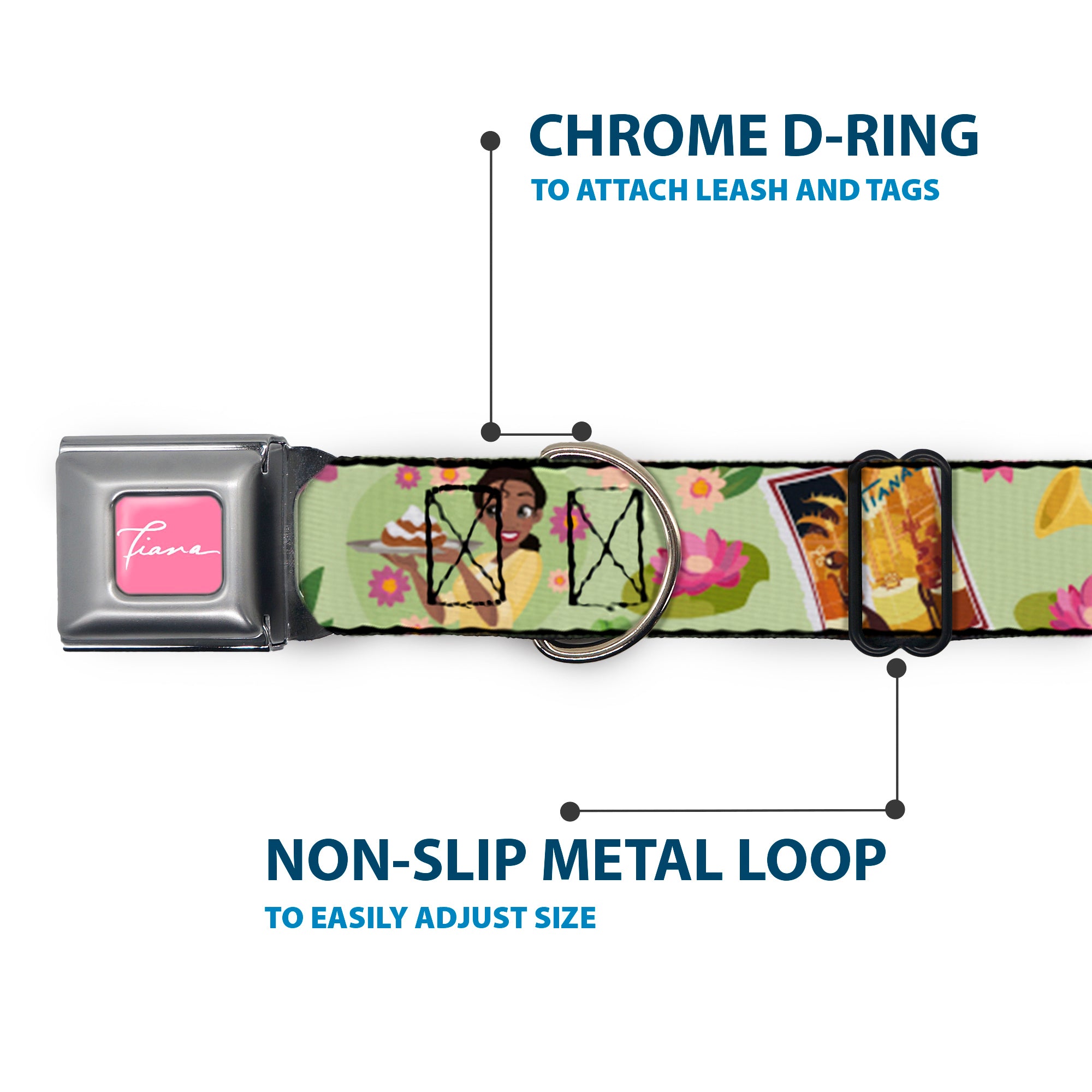 The Princess and the Frog TIANA Script Full Color Pink/White Seatbelt Buckle Collar - The Princess and the Frog Tianas Place Collage Greens/Pinks