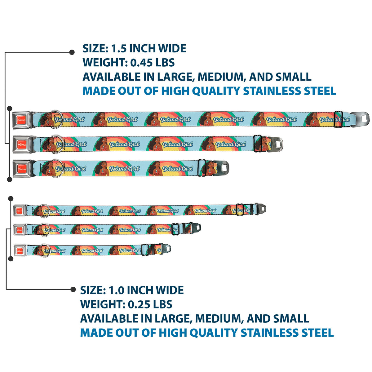 MOANA Title Logo Full Color Orange/White Seatbelt Buckle Collar - Moana ISLAND GIRL Rainbow Pose Blue/Multi Color