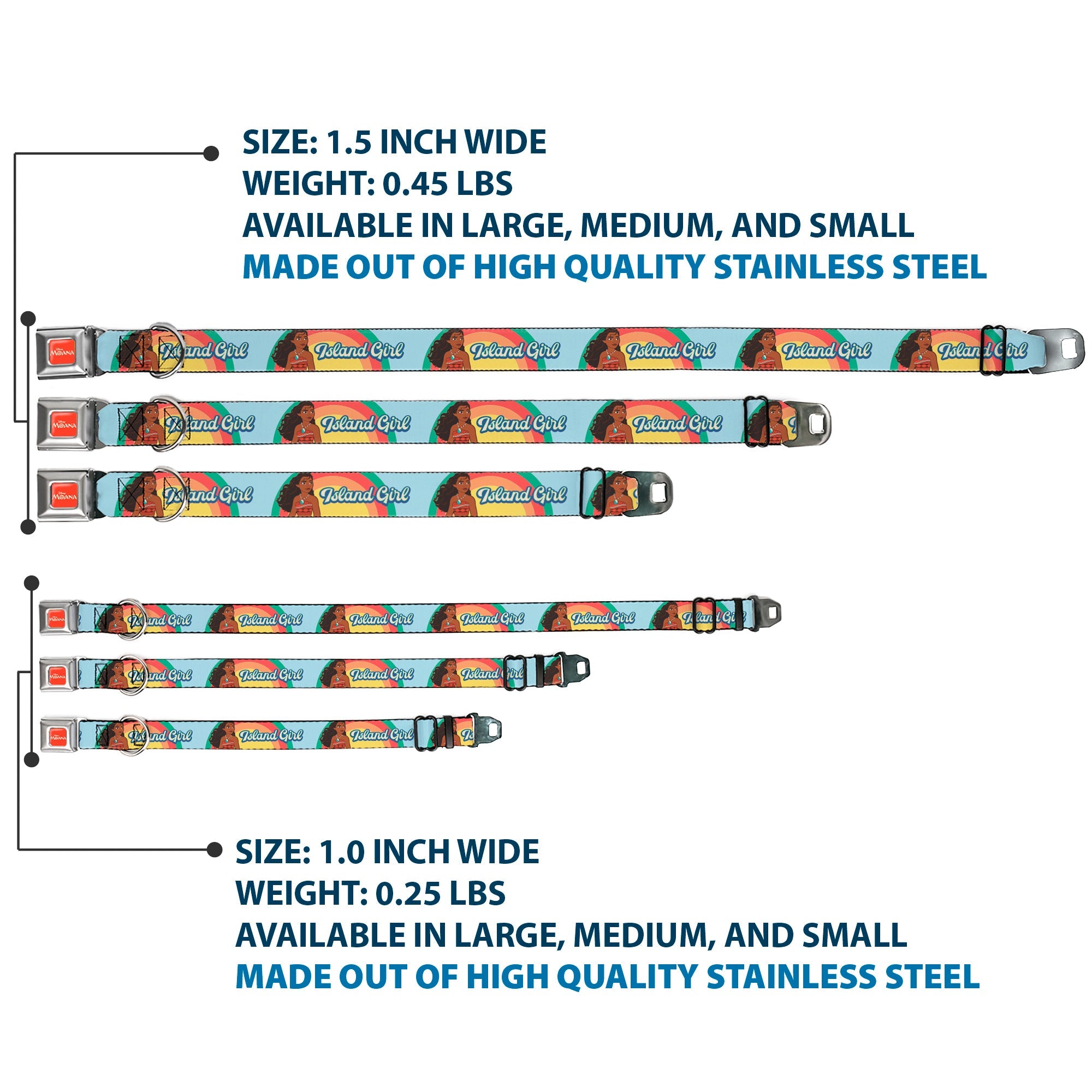 MOANA Title Logo Full Color Orange/White Seatbelt Buckle Collar - Moana ISLAND GIRL Rainbow Pose Blue/Multi Color