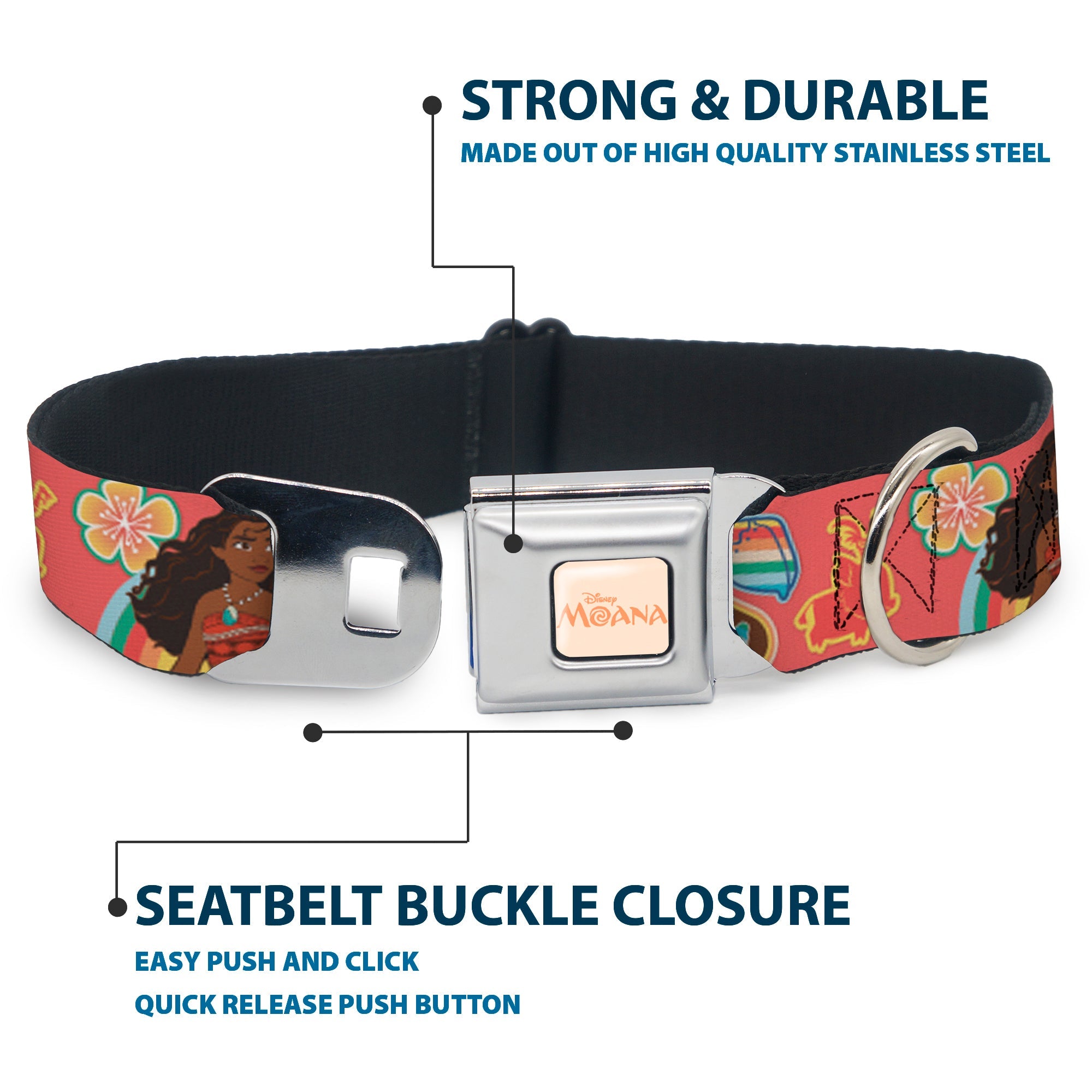 MOANA Title Logo Full Color Beige/Coral Seatbelt Buckle Collar - Moana Pose and Icons Collage Pink