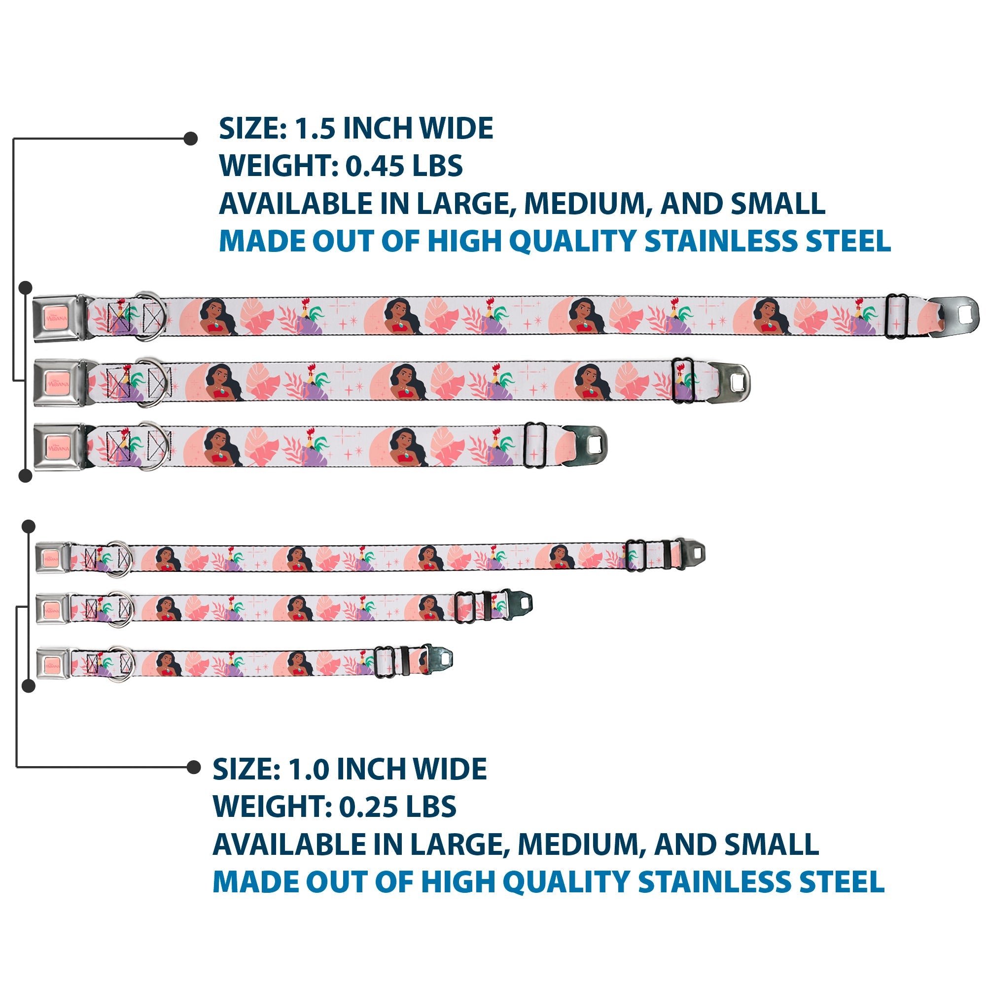 MOANA Title Logo Full Color Pinks Seatbelt Buckle Collar - Moana and Hei Hei Poses with Flowers Beige/Orange