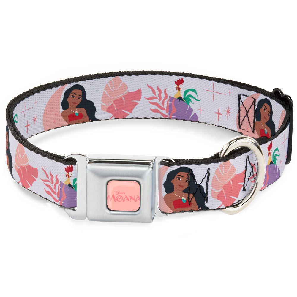 MOANA Title Logo Full Color Pinks Seatbelt Buckle Collar - Moana and Hei Hei Poses with Flowers Beige/Orange