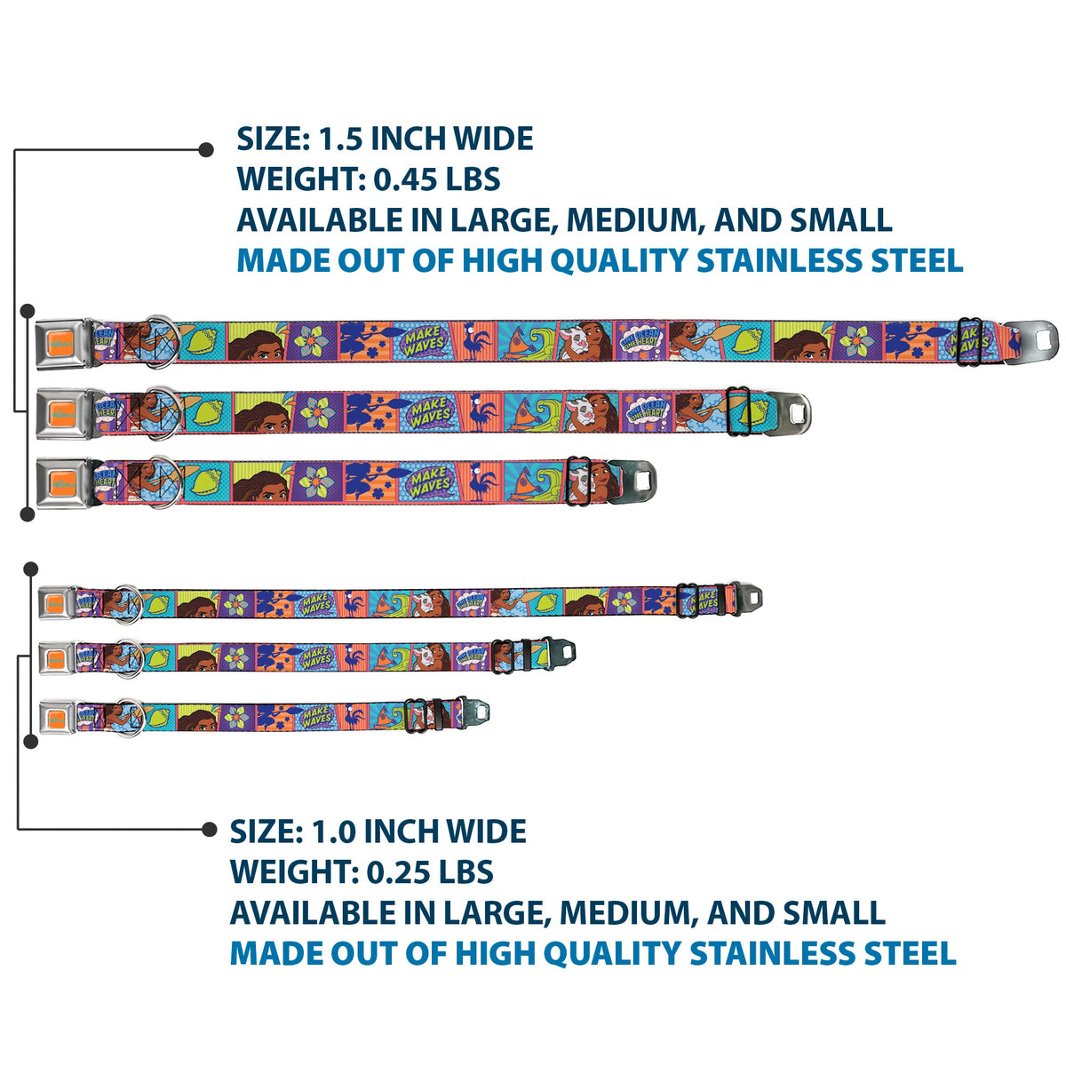 MOANA Title Logo Full Color Orange/Blue Seatbelt Buckle Collar - Moana MAKE WAVES Scene Blocks Blues/Orange