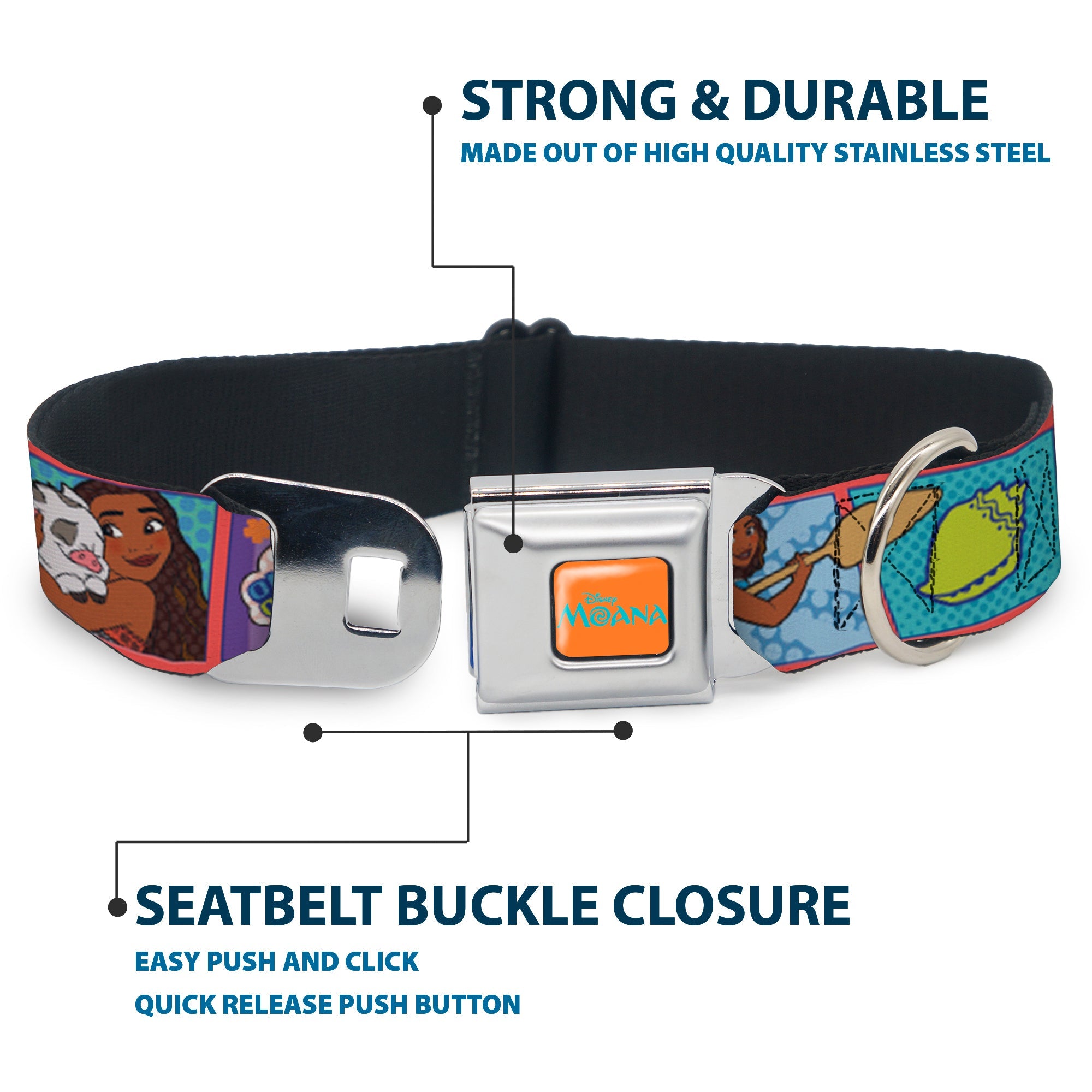 MOANA Title Logo Full Color Orange/Blue Seatbelt Buckle Collar - Moana MAKE WAVES Scene Blocks Blues/Orange
