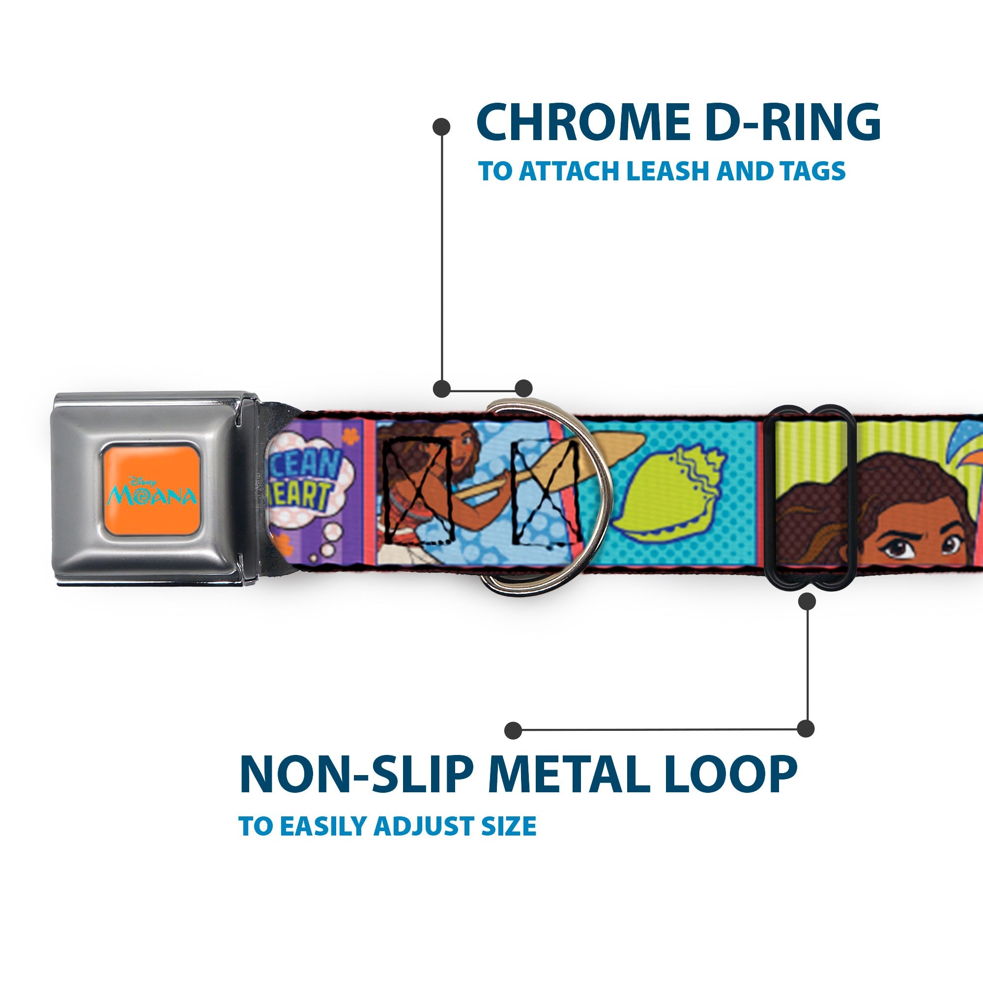 MOANA Title Logo Full Color Orange/Blue Seatbelt Buckle Collar - Moana MAKE WAVES Scene Blocks Blues/Orange