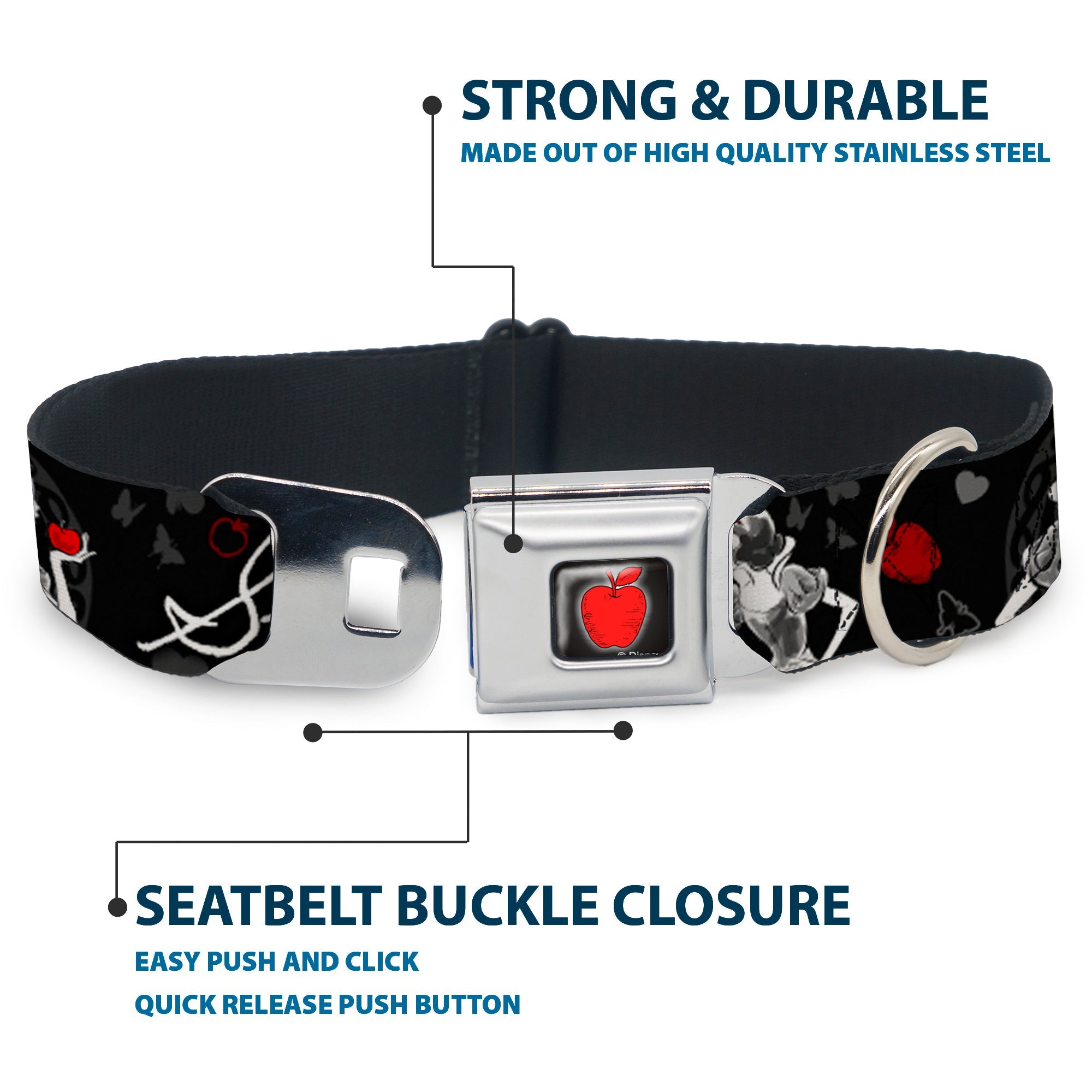Apple Glow Full Color Black Red Seatbelt Buckle Collar - SNOW WHITE Apple Poses/Butterflies Black/Gray/Red