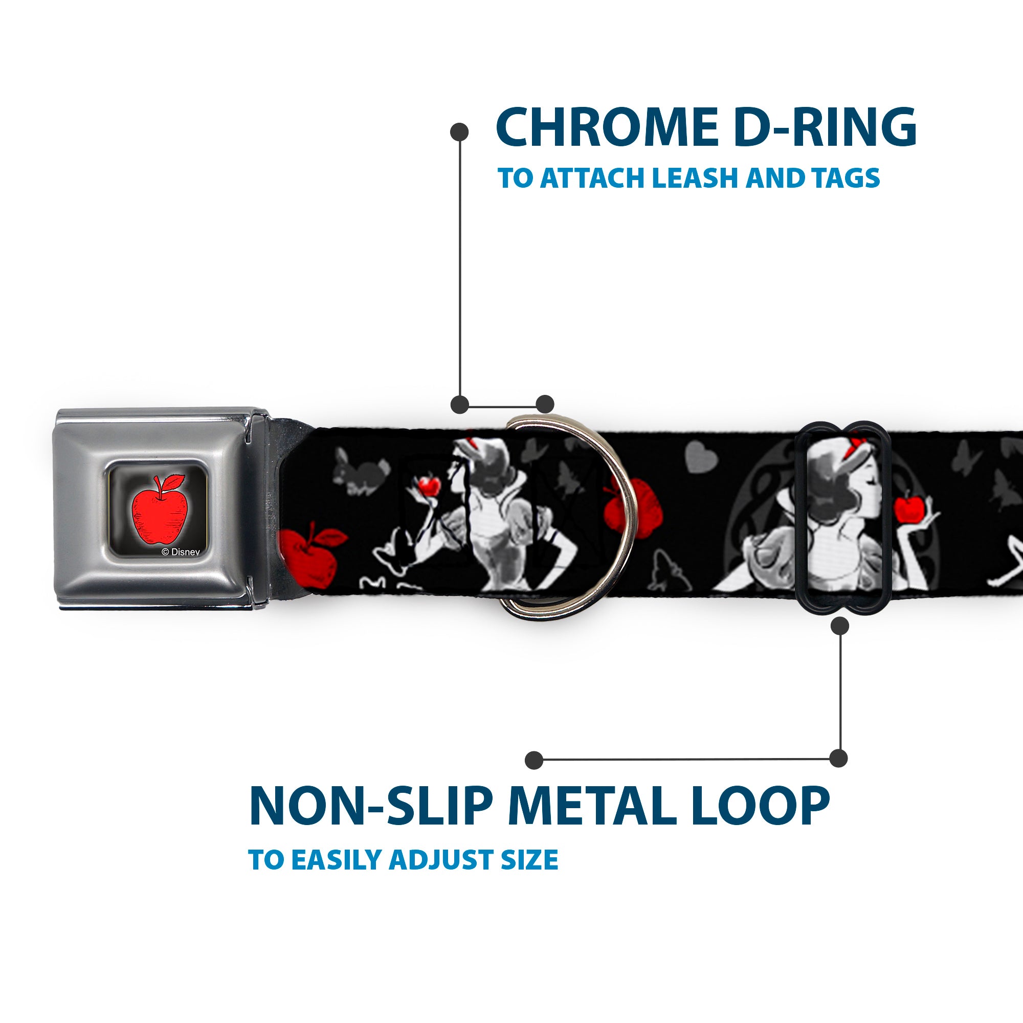 Apple Glow Full Color Black Red Seatbelt Buckle Collar - SNOW WHITE Apple Poses/Butterflies Black/Gray/Red