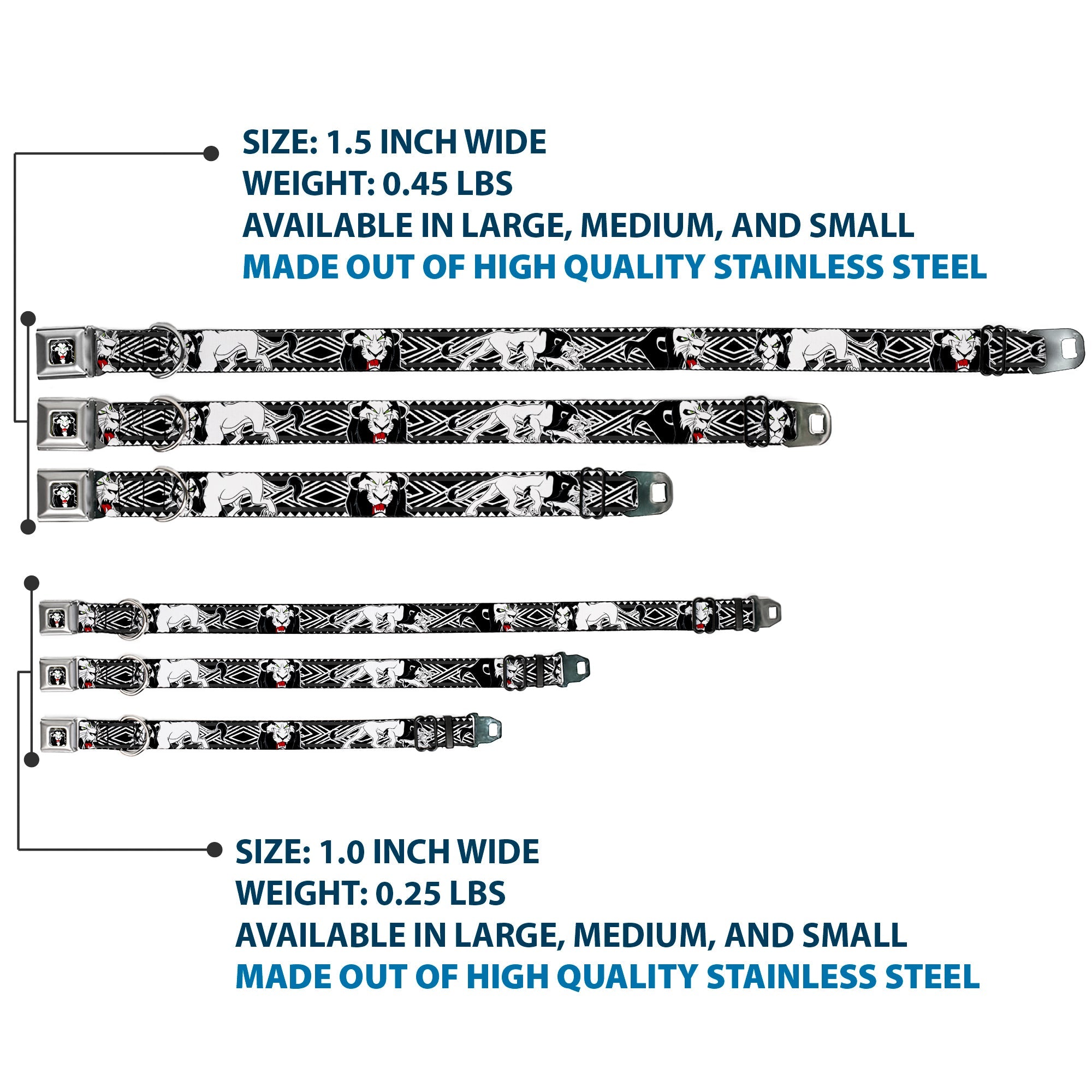 Simba Face Full Color Black/White/Red Seatbelt Buckle Collar - Lion King Scar Poses White/Black