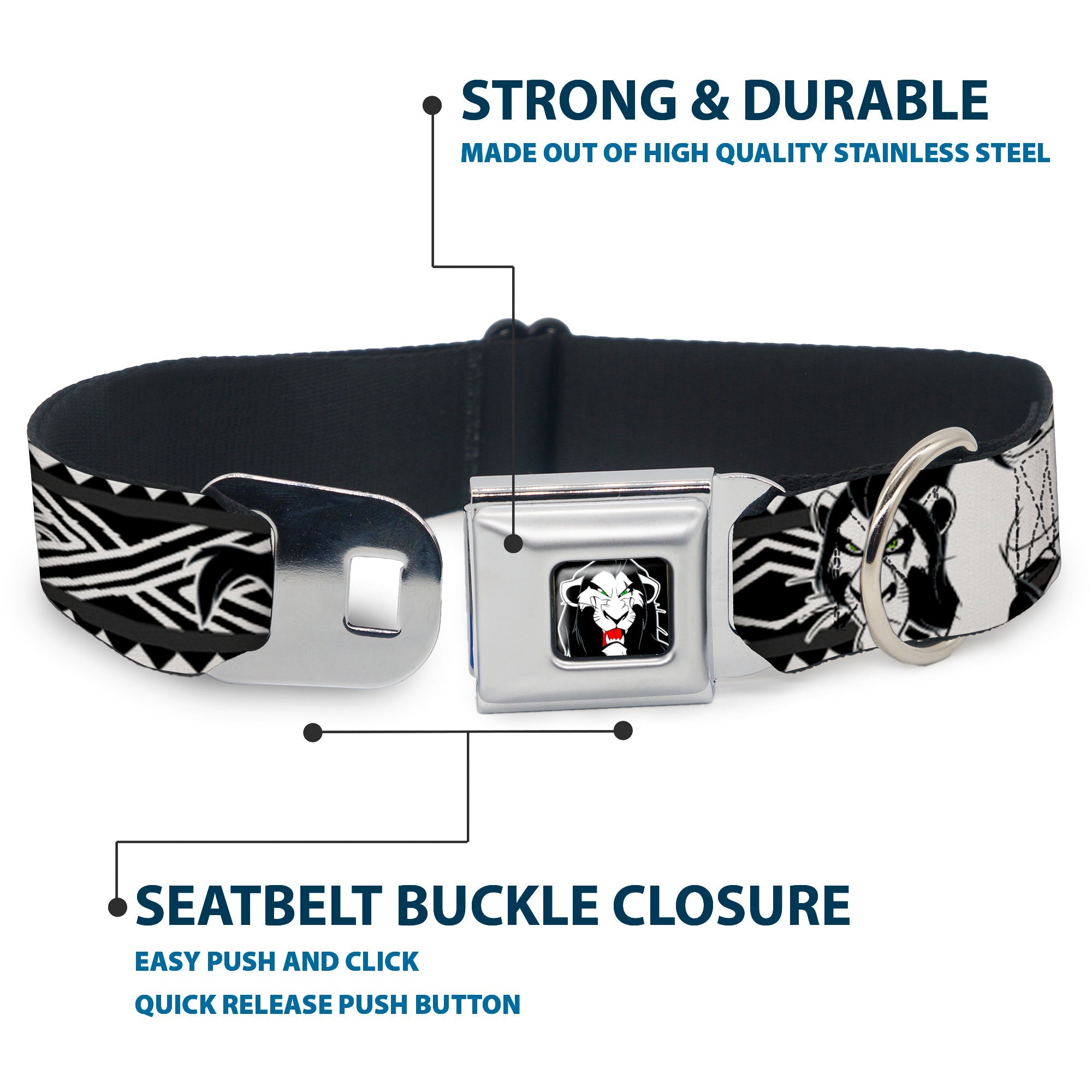Simba Face Full Color Black/White/Red Seatbelt Buckle Collar - Lion King Scar Poses White/Black