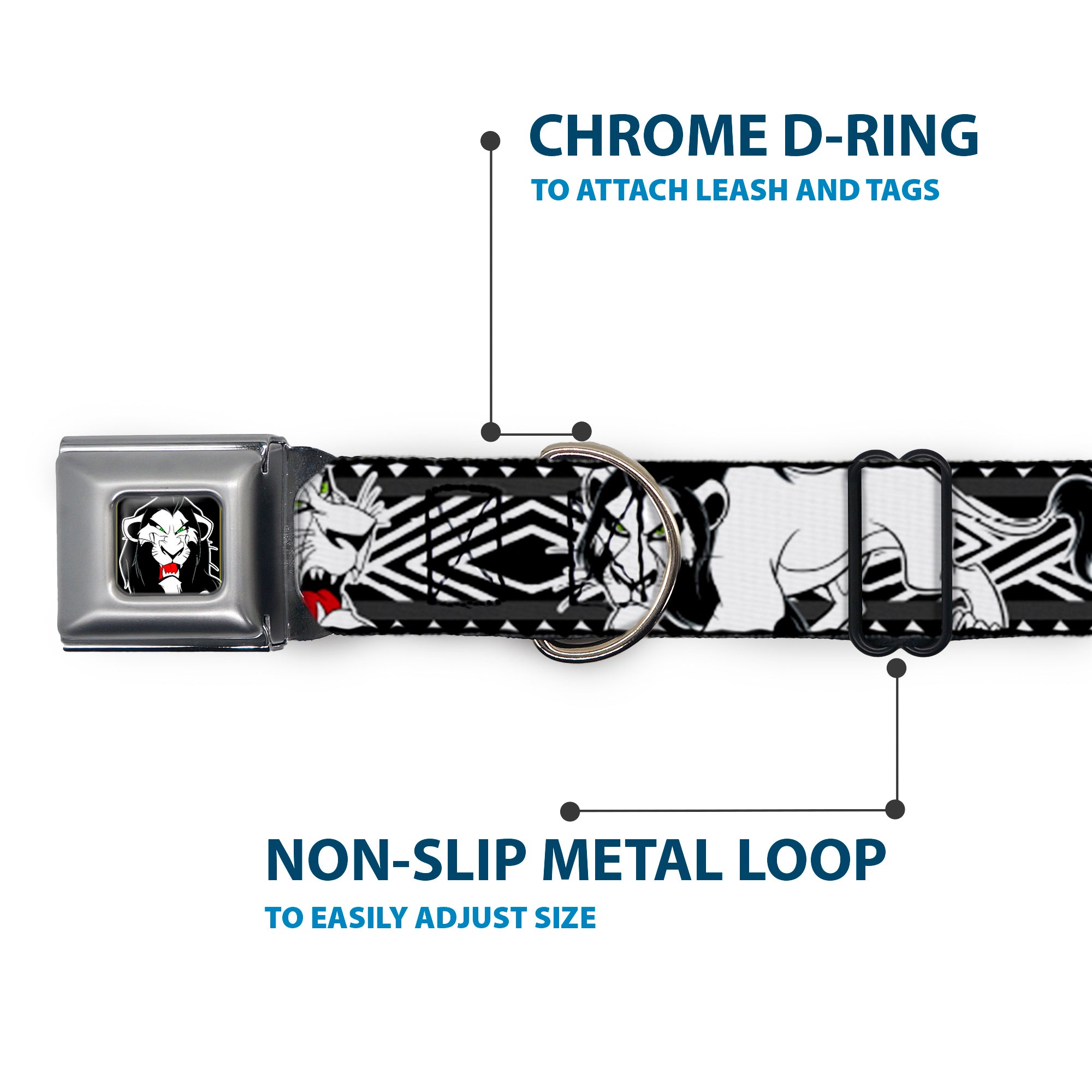 Simba Face Full Color Black/White/Red Seatbelt Buckle Collar - Lion King Scar Poses White/Black